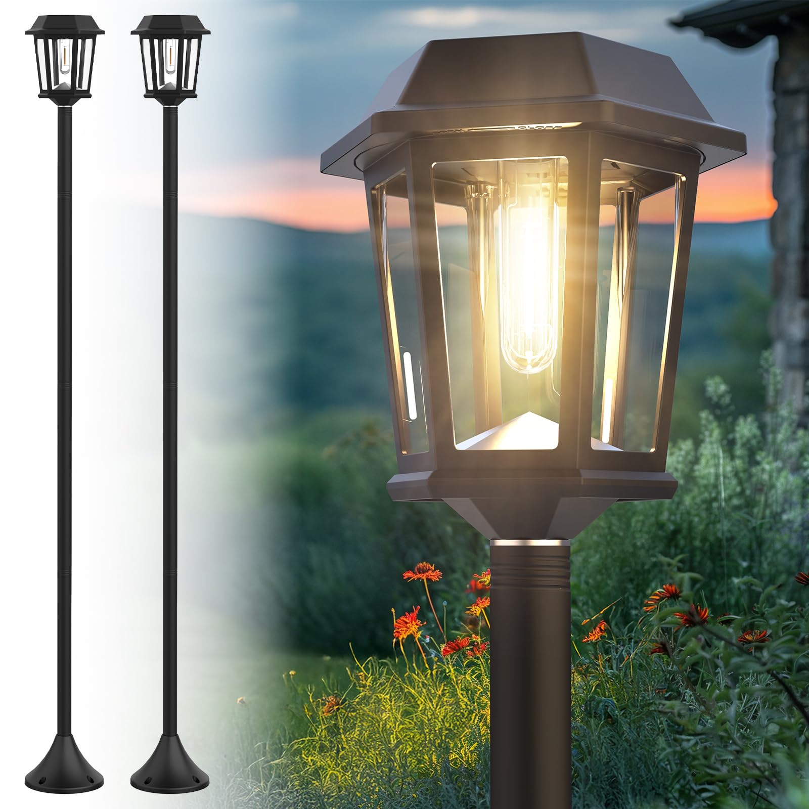 DOESLAG Solar Lamp Post Light, 2 Pack, 61 Inch, Waterproof, Warm White, Stainless Steel, Model ZC-22A, Black