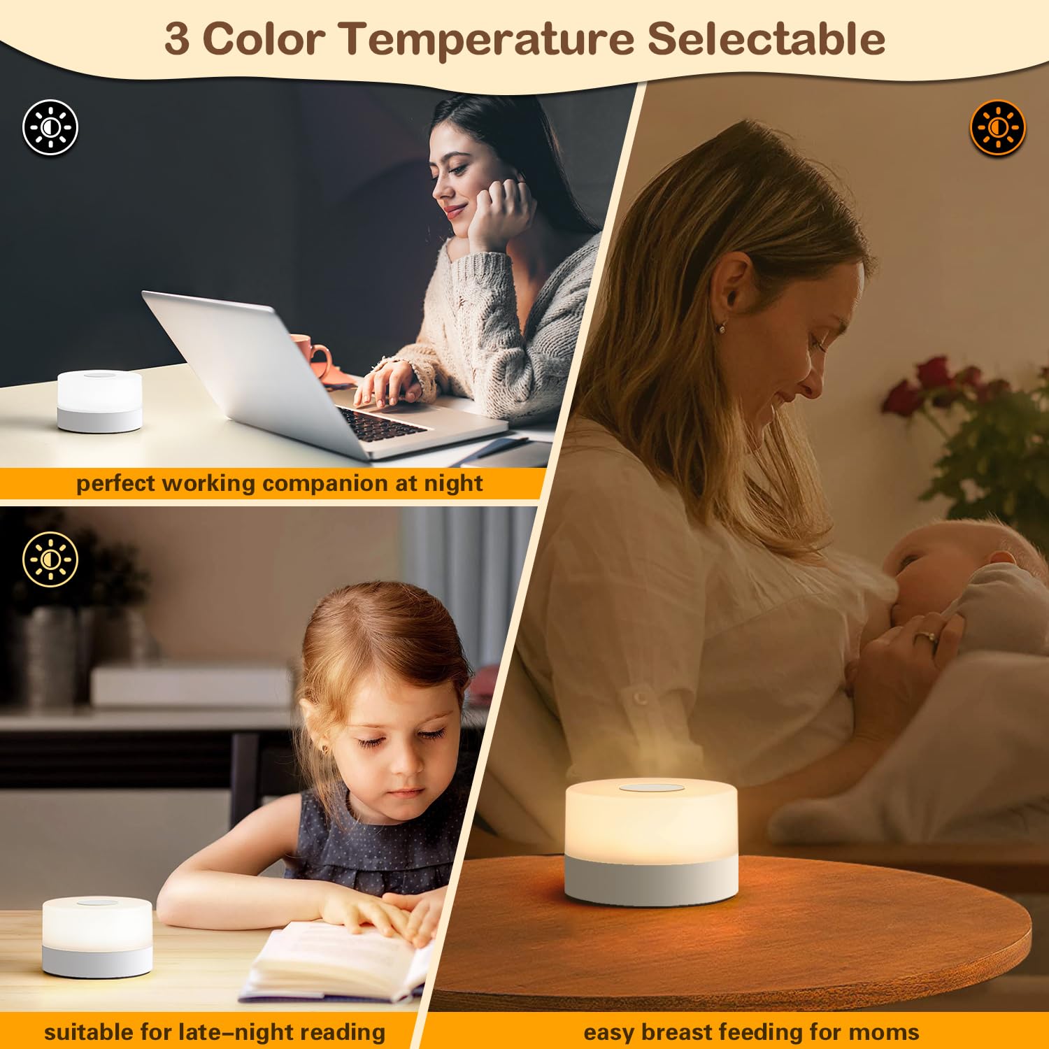 JUSHENG Baby Night Light - Rechargeable LED Touch Lamp, 3 Color Temperatures, Dimmable, Portable, White, Model CG0025WT