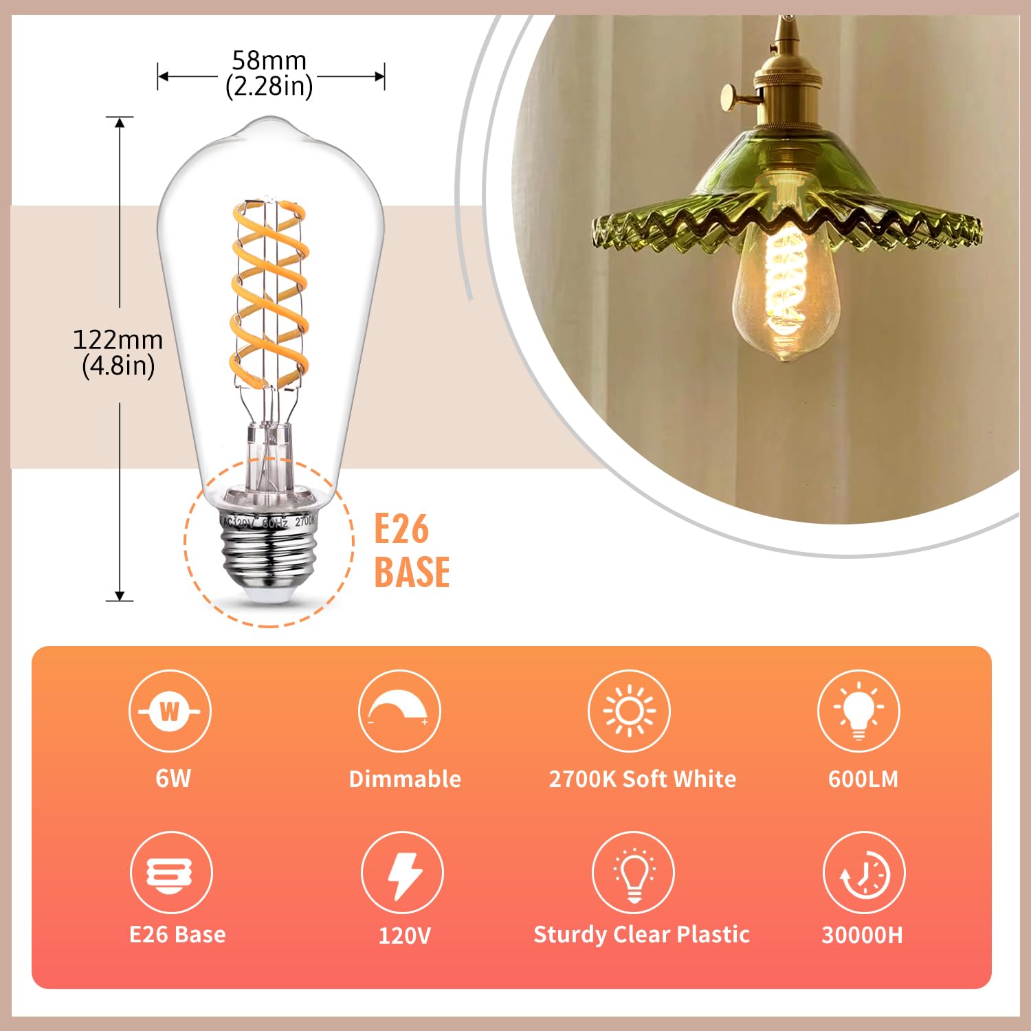Emymlite 8 - Pack Dimmable Vintage Led Edison Bulbs, E26 Led Bulb 60 Watt Equivalent, Warm White 2700K, St19/St58 Antique Spiral
