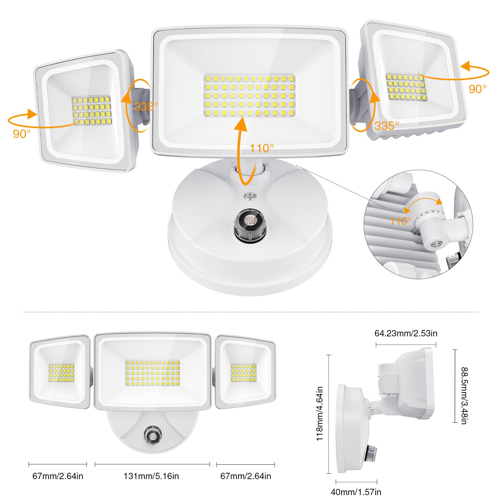 Onforu 55W LED Flood Lights, 6000LM, IP65 Waterproof, 3 Adjustable Heads, 6500K Daylight White, Model BDB55D-3,