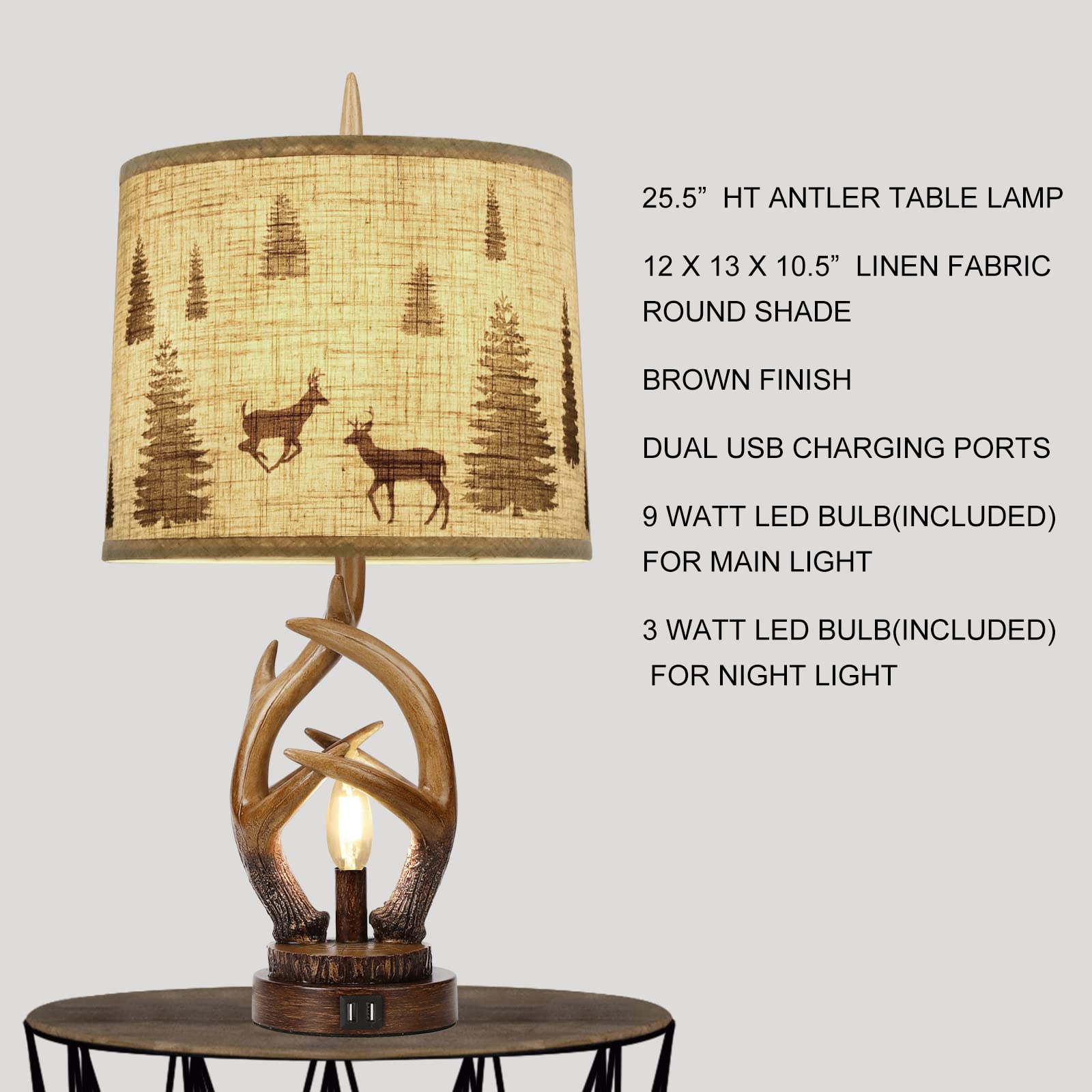 Scenekoy Rustic Farmhouse Antlers Table Lamp Set Of 2 With Nightlight Dual Usb Ports Linen Fabric Round Shade Bedside Lamp Decor For Living Room Bedroom Office House