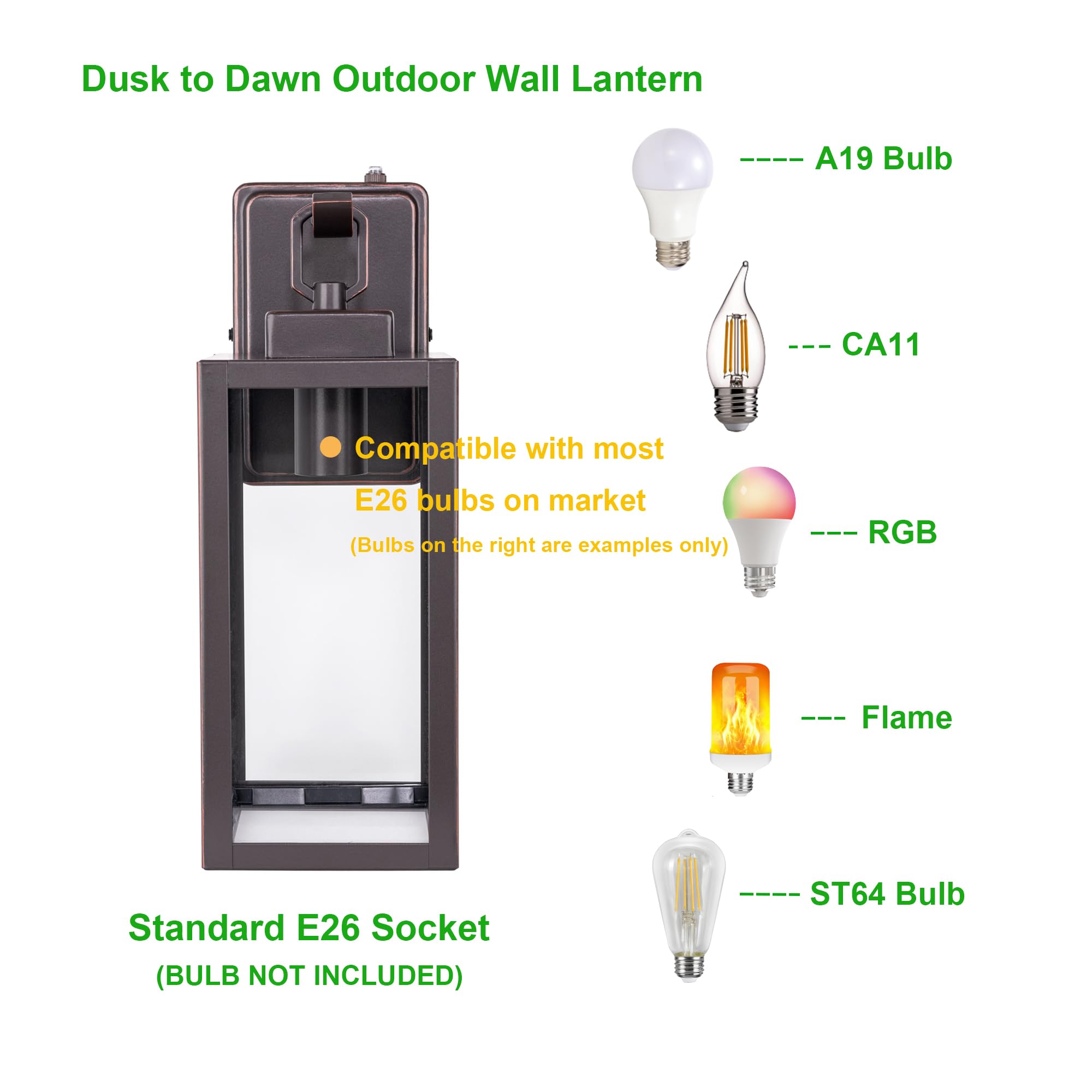 LIT-PaTH Dusk to Dawn Outdoor Wall Lantern, Wall Sconce as Porch Lighting Fixture, E26 Medium Base Max 60W, Anti-Rust Metal with