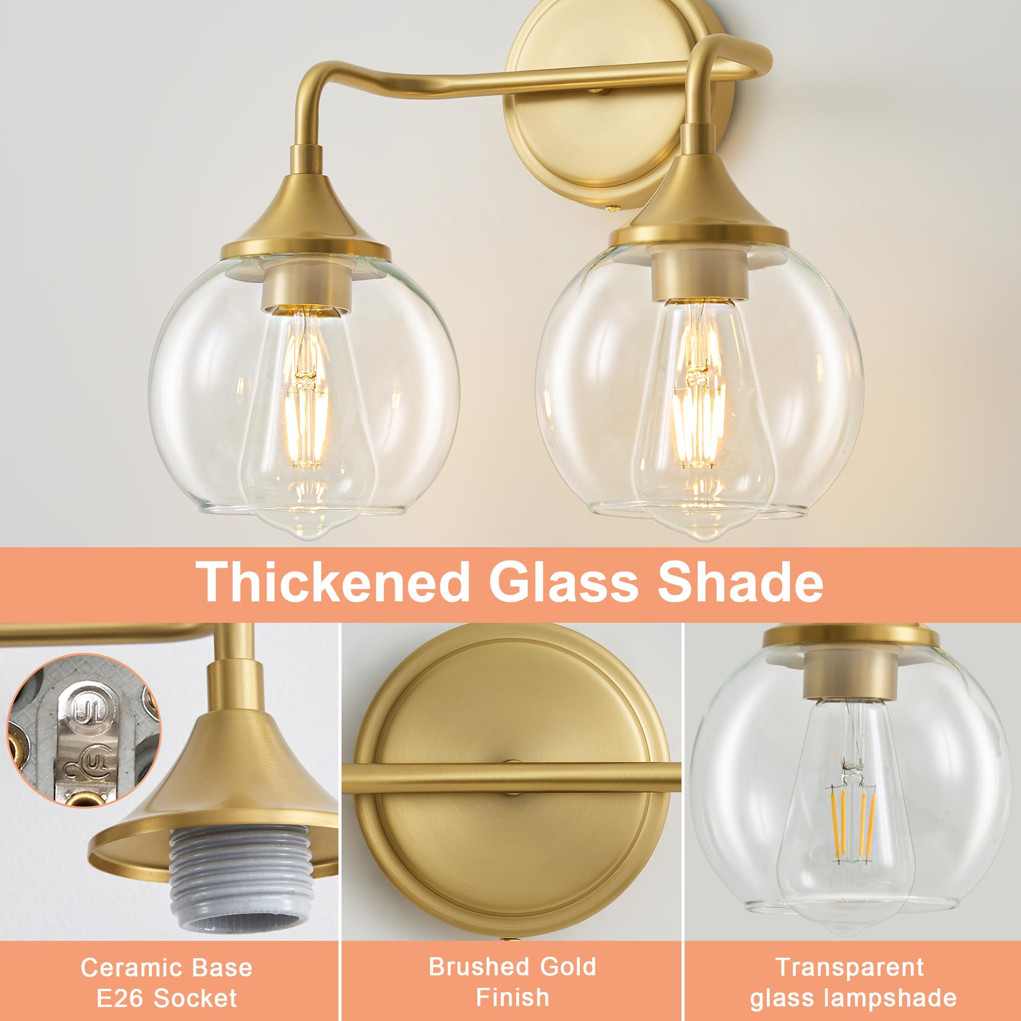 Gednbo Gold Bathroom Vanity Light, 2-Light Metal Fixture, Clear Glass Shade, Model G1796, 19 Inch, E26 Base