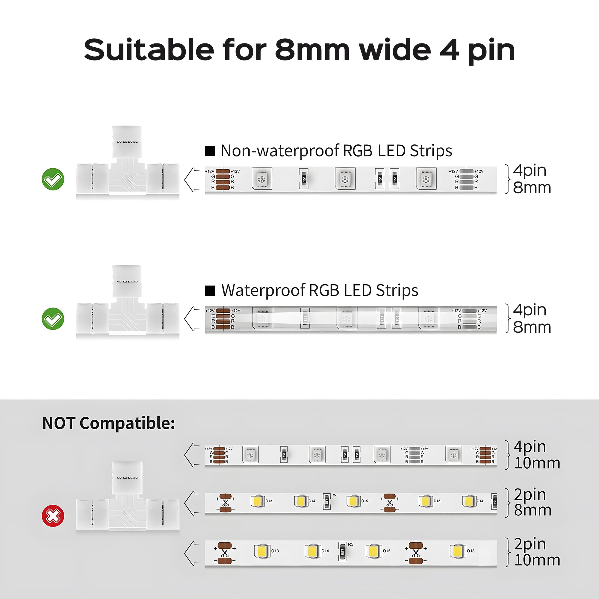 Jackyled T Shape 4-Pin 8Mm Led Connectors Total 42Pcs, Unwired Solderless Gapless Adapter Corner Connectors Terminal Extension 1
