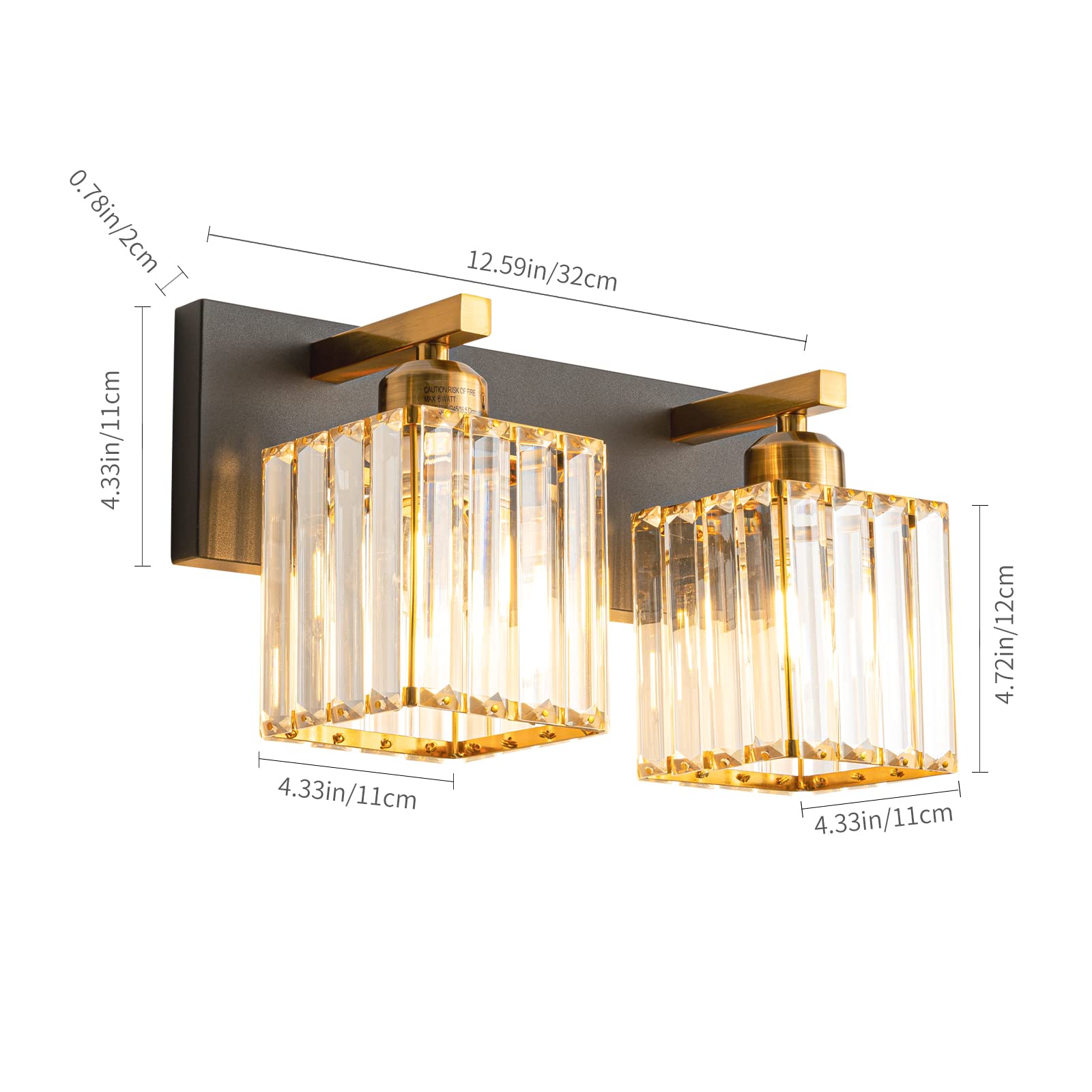 FDPBY 2-Light Bathroom Vanity Light Black Gold Crystal Metal JW-002 Modern Minimalist Design 12.59-Inch