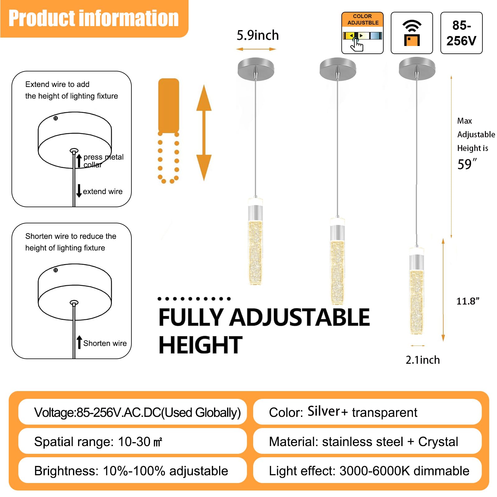 Modern Led Chrome Crystal Pendant Light Kitchen Island, Bedroom Bedside Hanging Ceiling Lamp With Crystal Bubble Column, Dimmabl