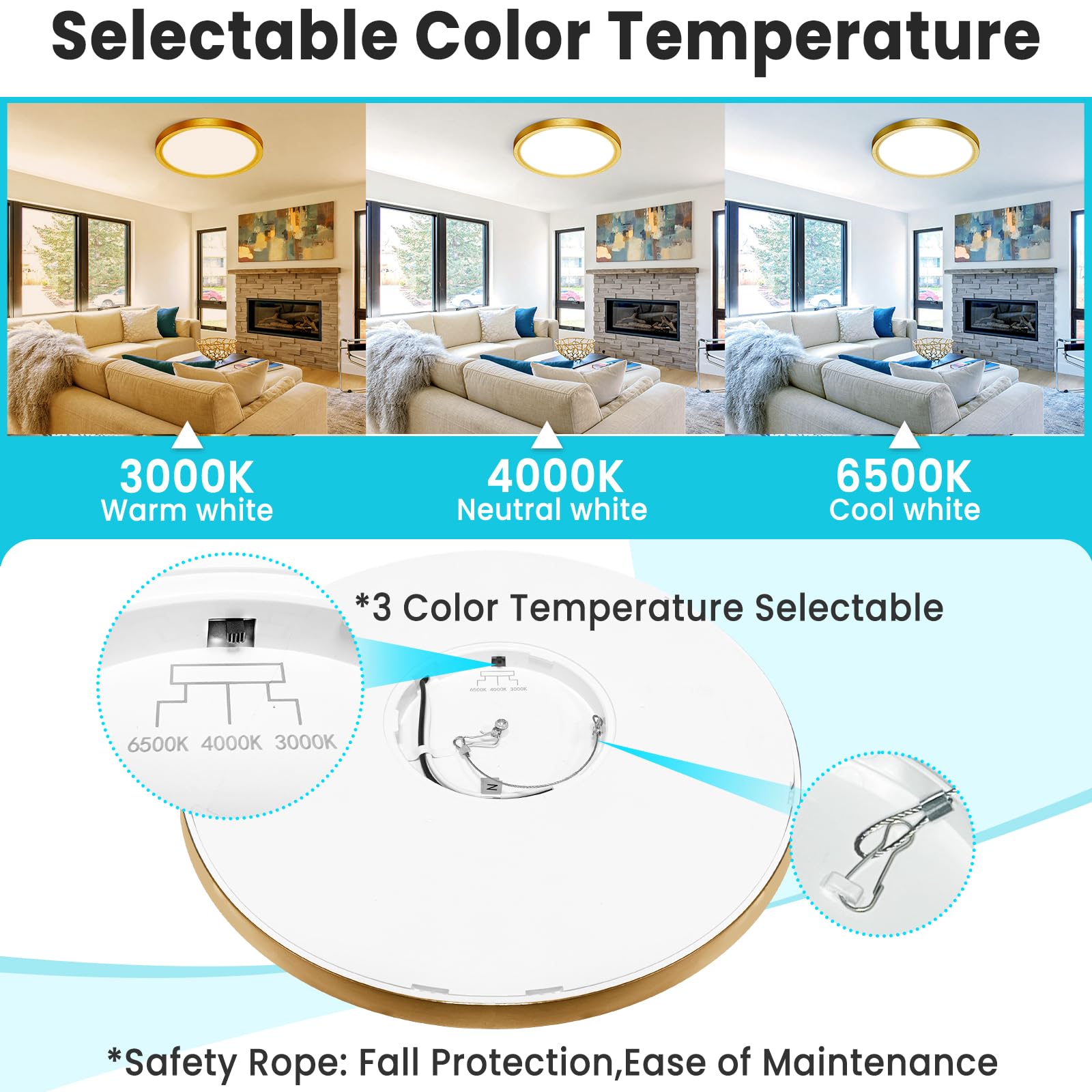 libtit 16-Inch Flush Mount LED Ceiling Light, 36W 3600lm, Adjustable 3000K-6500K, Gold Satin, 2 Pack