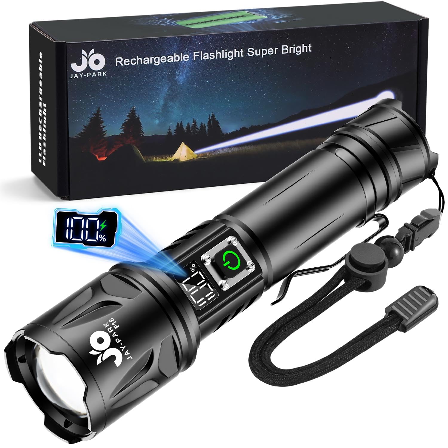 Jay-Park High Lumen Flashlight - 10000 Lumens, Rechargeable 5000Mah With Lcd Display, Zoomable Long Beam (3000M), Ip67 Waterproo