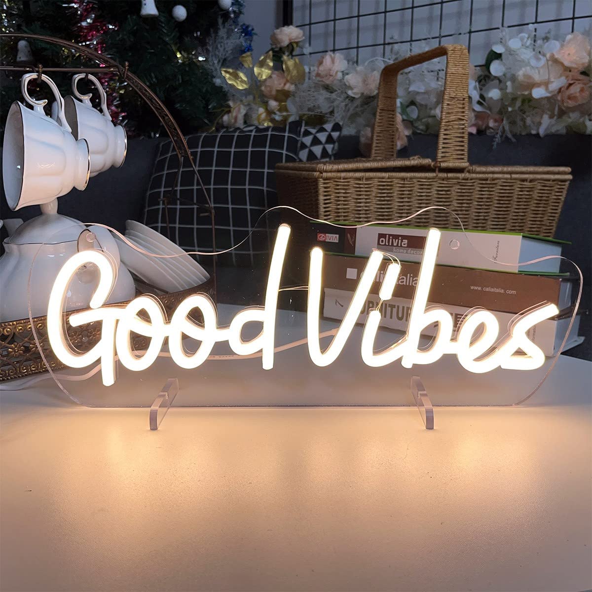 Zplnosin Good Vibes Neon Sign Desk Lamp - Led Wedding Table Decor, 40×10.7 Cm, Warm White
