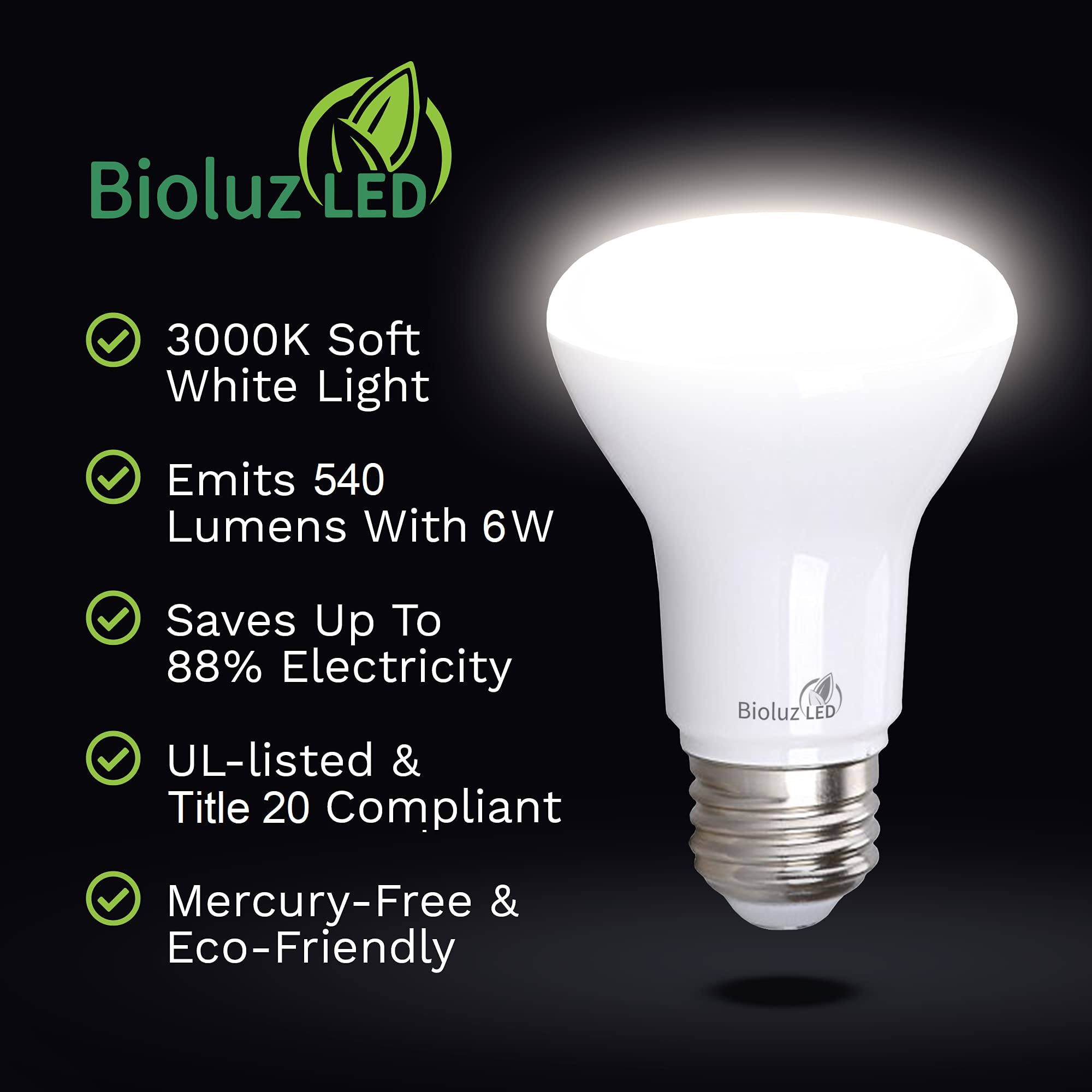 Bioluz Led 4 Pack Br20 Led Bulb 3000K Bright Soft White 6W=50W, 90 Cri, 540 Lumen, Dimmable Led Light Bulbs, Soft White Light Bu