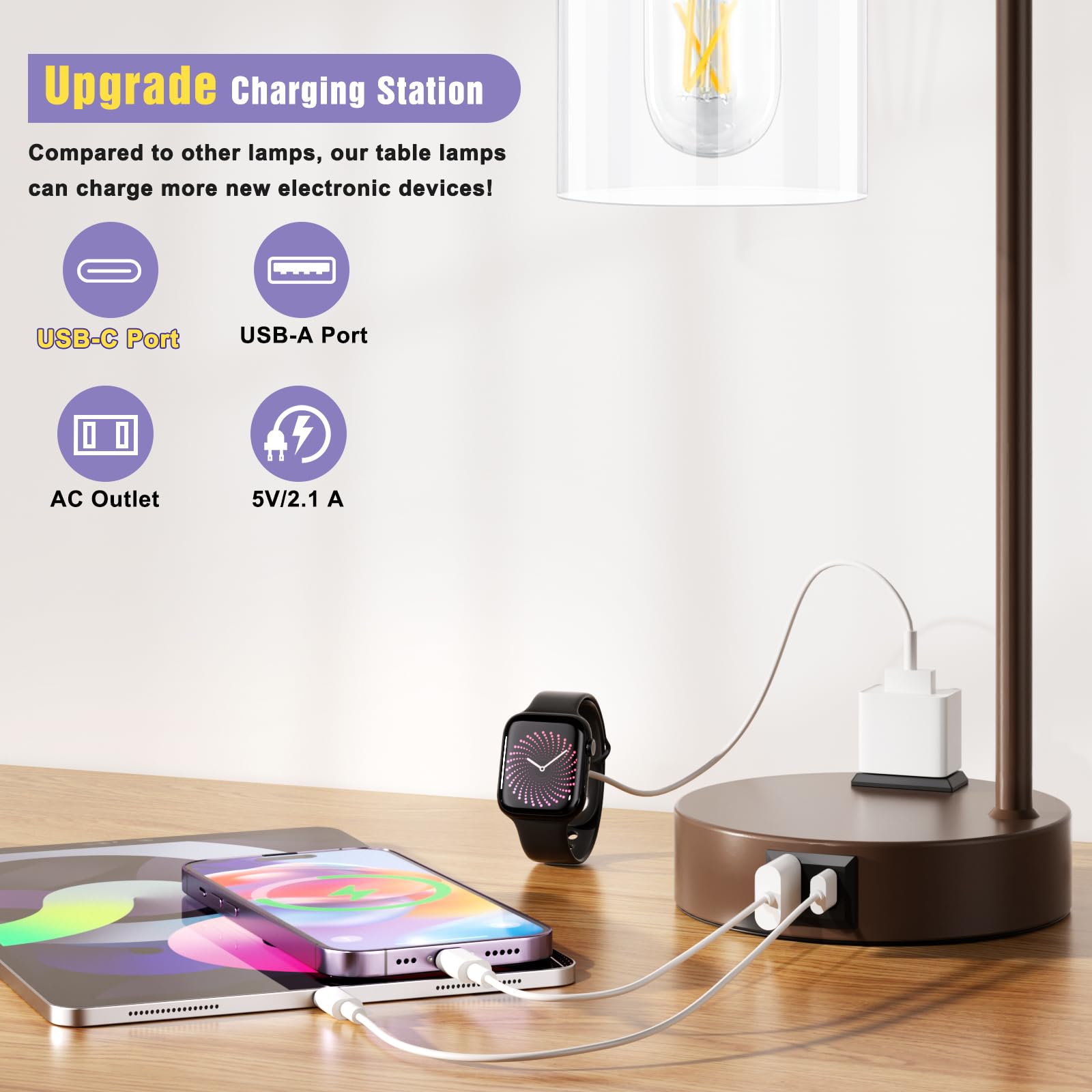 Innqoo Industrial Touch Table Lamps For Bedrooms Set Of 2-3-Way Dimmable Lamps With Usb C+A Ports And Outlet, Brown Bedside Lamps With Clear Glass Shade For Living Room, Desk Lamps For Home Office