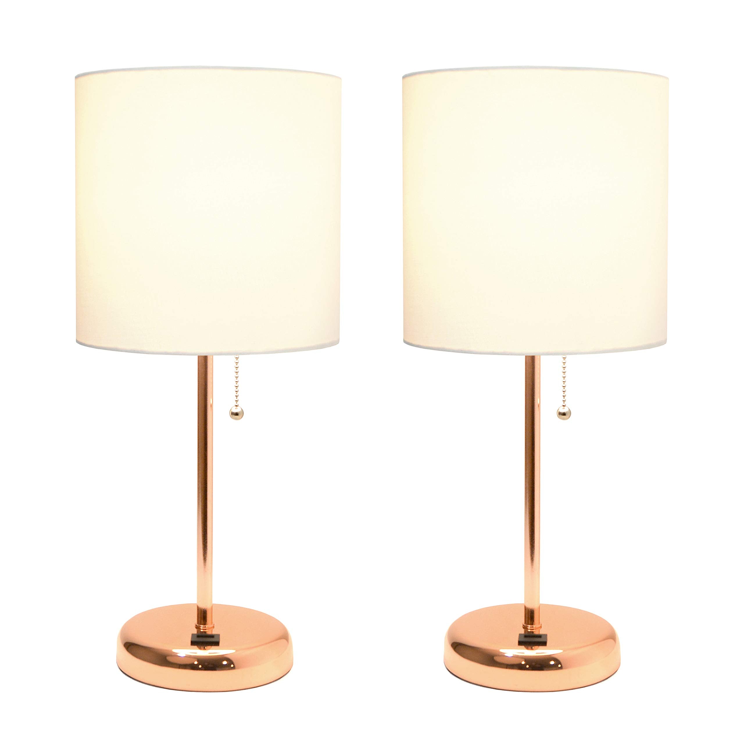 Simple Designs Lc2002-Rgd-2Pk Rose Gold Stick Table Lamp Set With Usb Charging Port And White Fabric Shades, 2 Pack Set