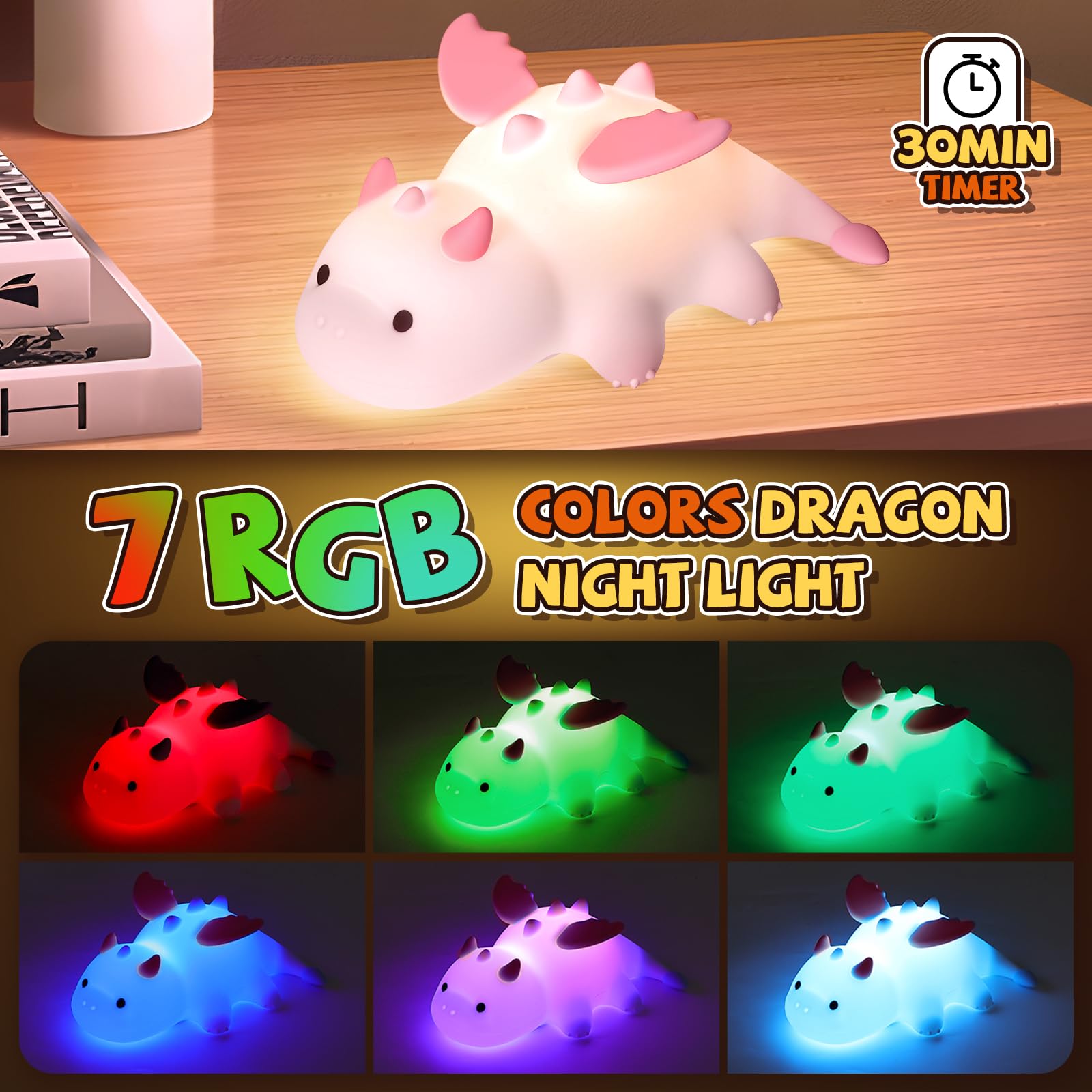 Gusweet Cute Dragon Night Light, Dimmable Silicone Lamp, 7 Colors, Rechargeable, Pink, Model: Axolotl