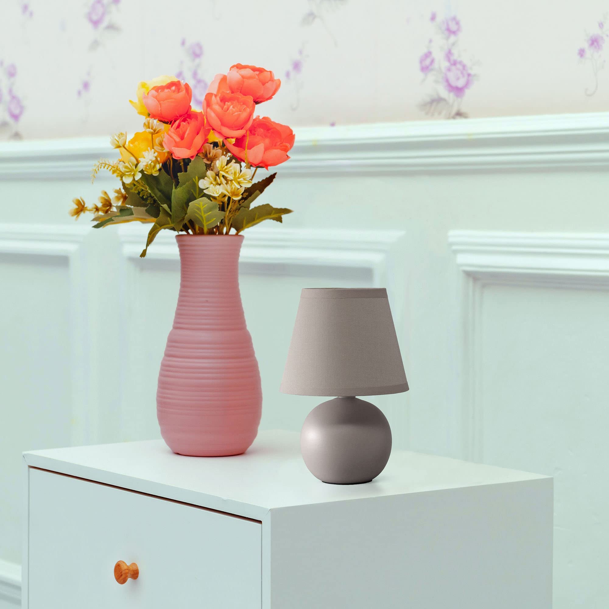 Creekwood Home Gray Ceramic Orb Base Bedside Table Lamp With Drum Shade, 8.66&quot;