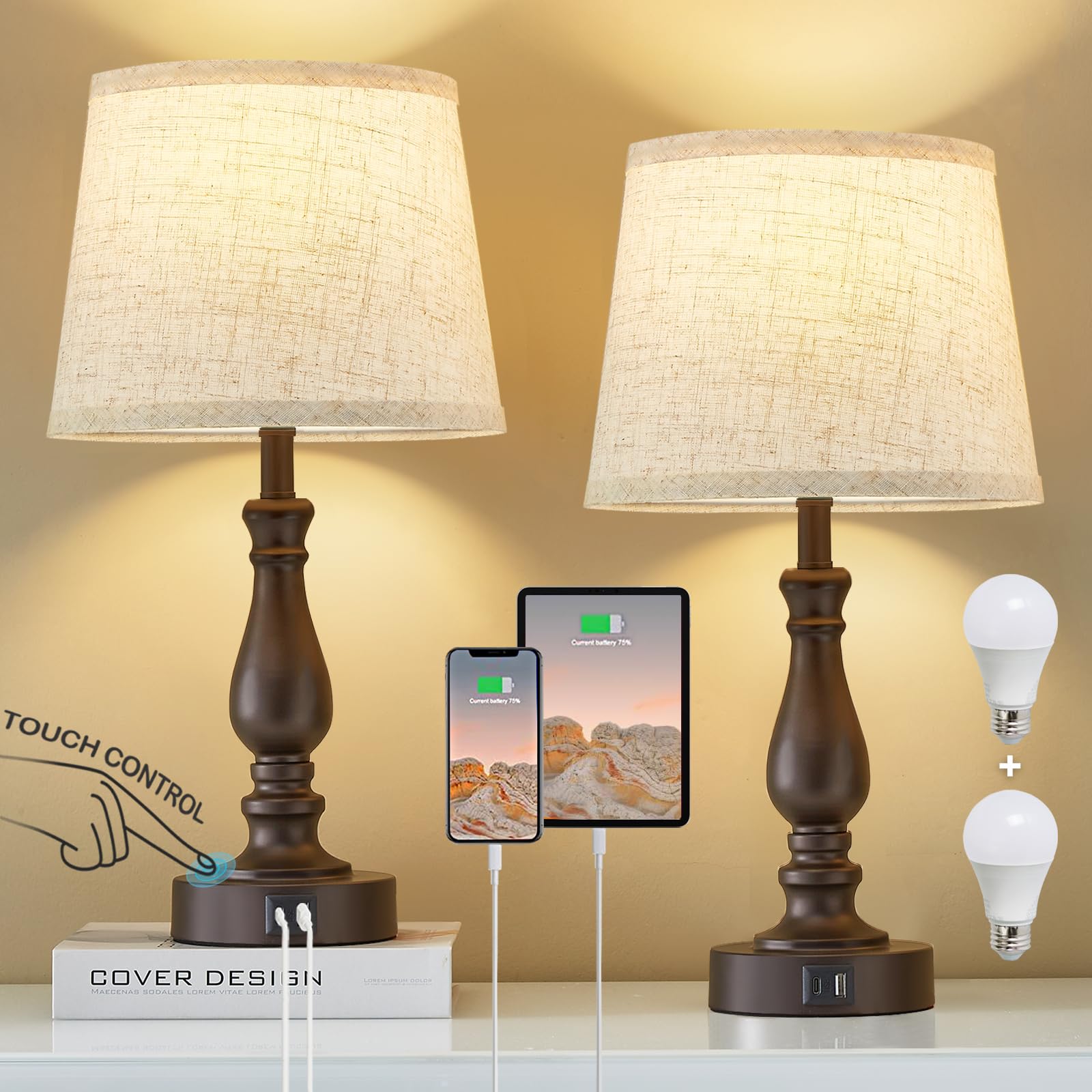 EJIAXIN Table Lamps for Bedrooms Set of 2 - Touch Bedside Lamps with USB C+A Ports - 3 Way Dimmable Nightstand Lamps for End Tab