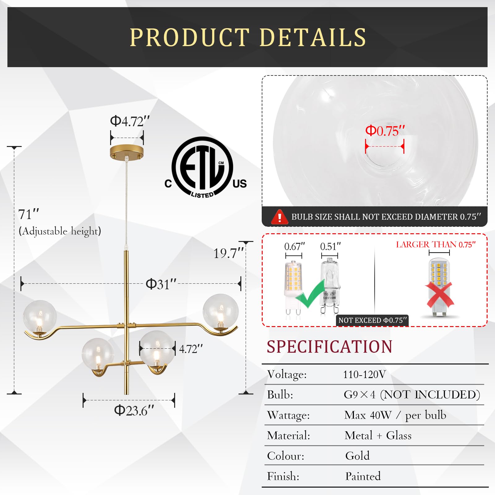 Catiner 4 Lights Gold Sputnik Chandelier, Modern Large L31 '' Mid Century Long Ceiling Pendant Light Fixtures With Clear Glass G
