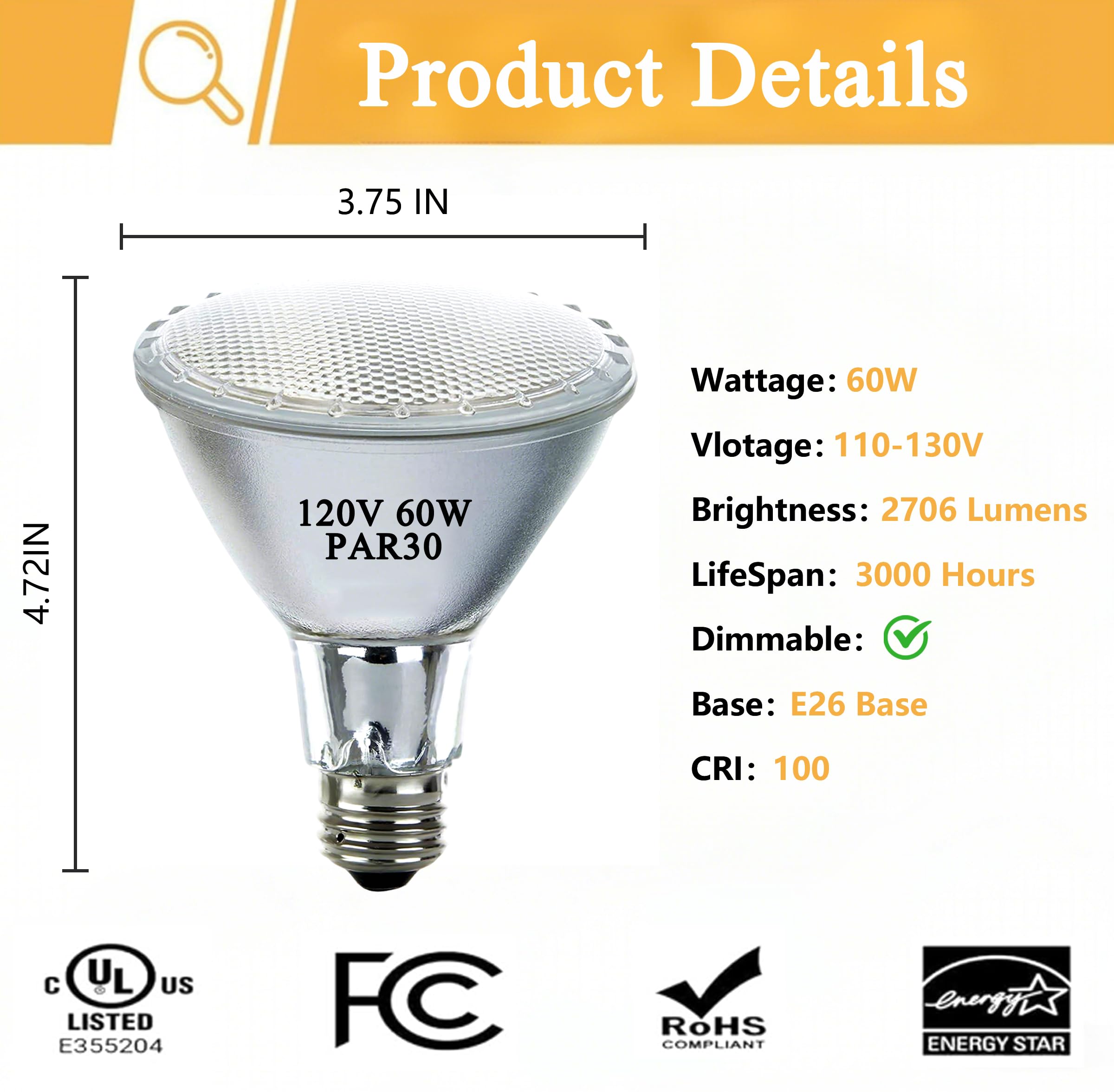 Lachesan Par30 Halogen Flood Light Bulbs 60W Dimmable Warm White E26 Base, 2700K, 6pcs