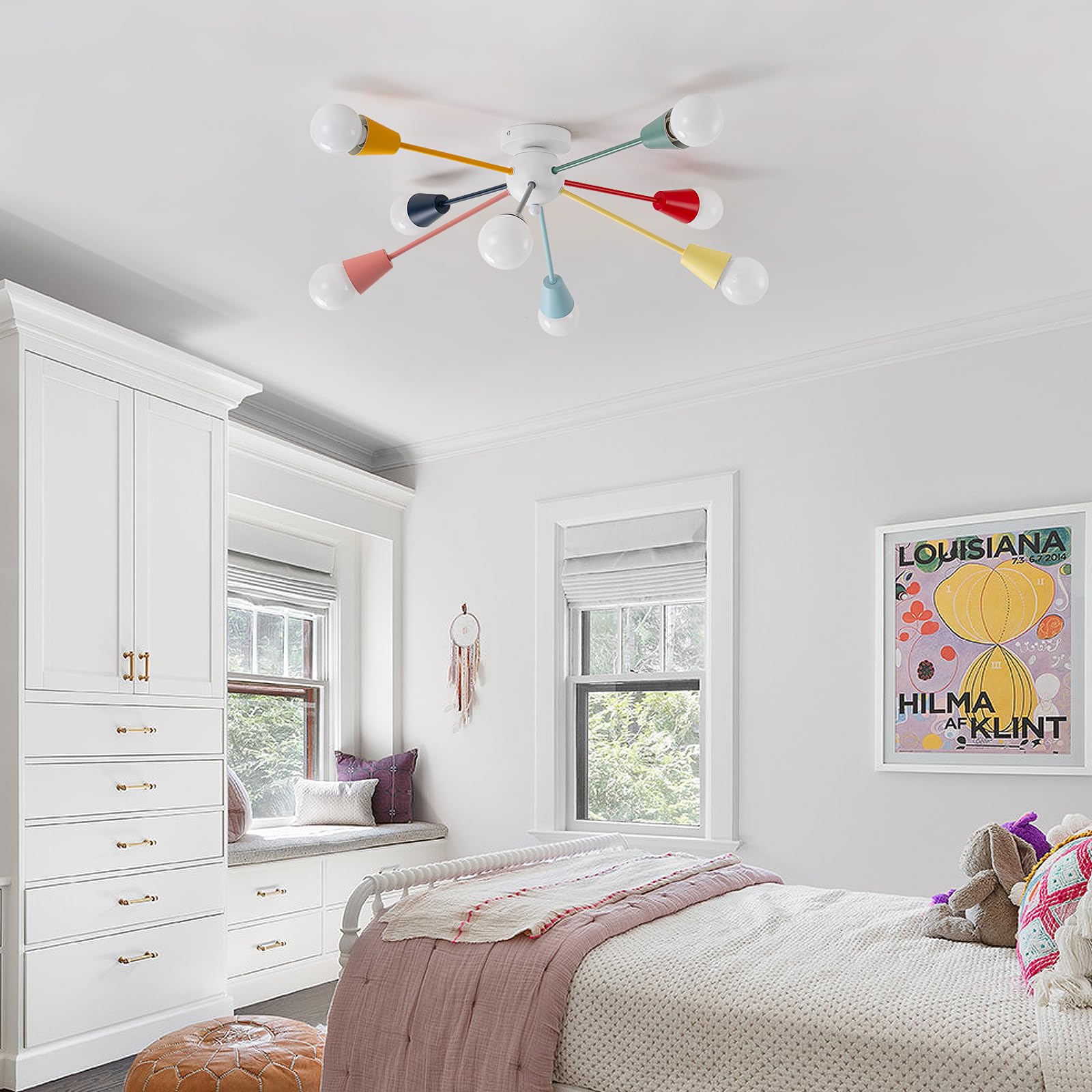 Ymlii 8-Light Modern Sputnik Chandelier, Multicolor Rainbow Semi Flush Mount Ceiling Light for Kids, Living Room, Dining Room, Bedroom