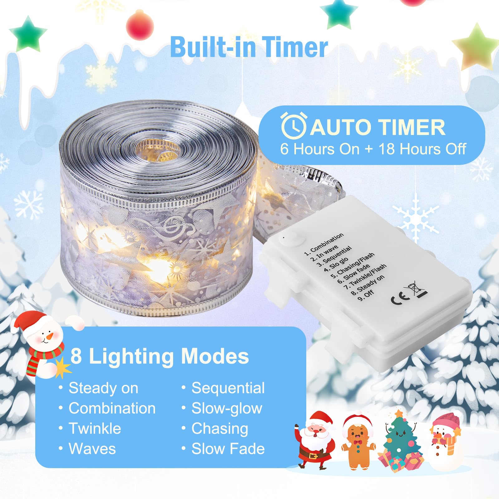 Minetom Christmas Tree Ribbon Lights - 33ft 100 LED Battery Powered, Copper, Silver Ribbon + Warm White LED