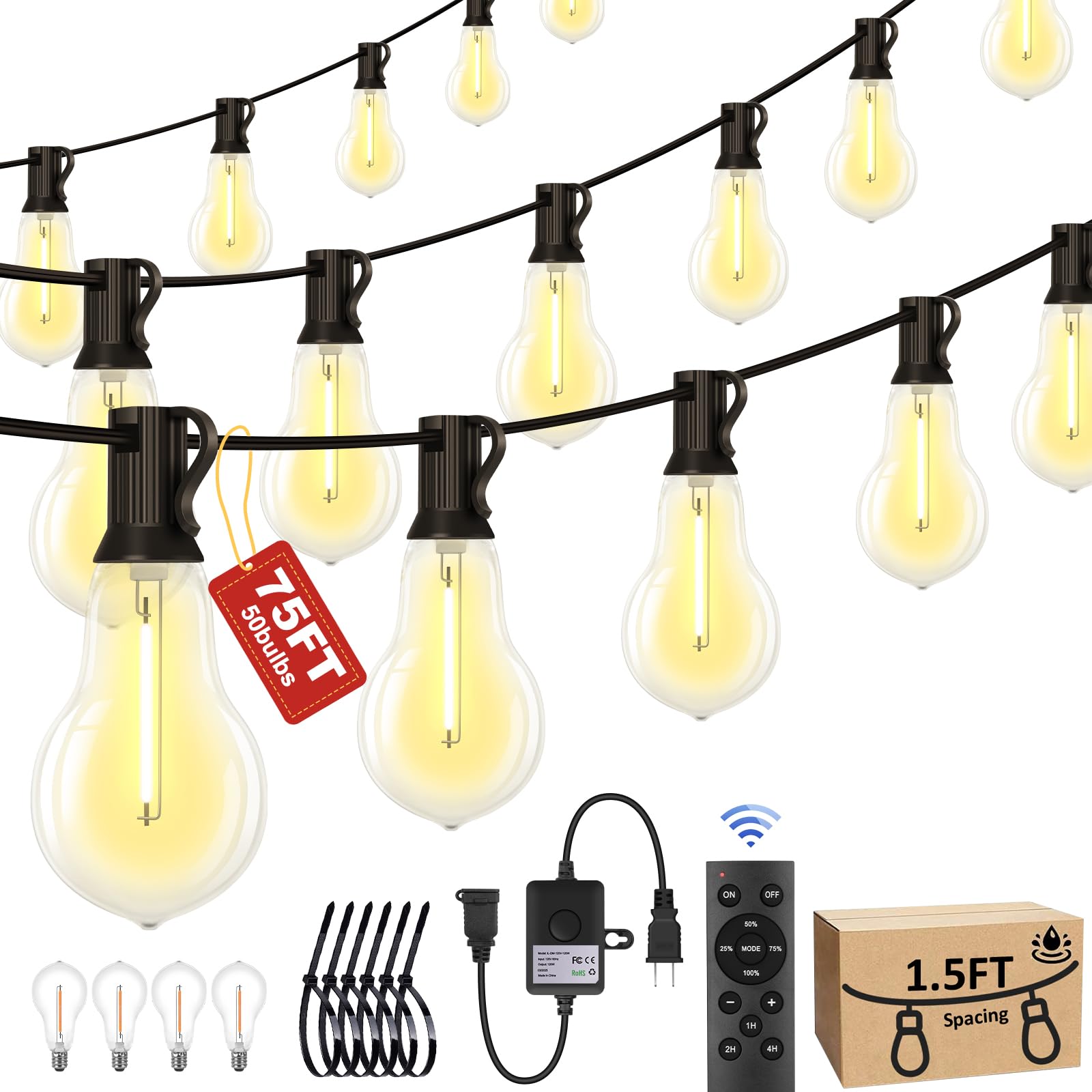 Porbench 75FT Outdoor String Lights Waterproof with 50+4 Bulbs (1.5FT Bulbs Spacing), Remote & Dimmer, Commercial Patio String L