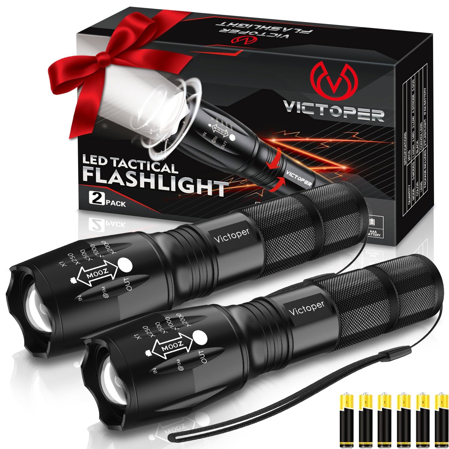 Victoper Led Flashlight 2 Pack, Bright 2000 Lumens Tactical Torch High Lumens With 5 Modes, Waterproof Zoomable Flash Light For