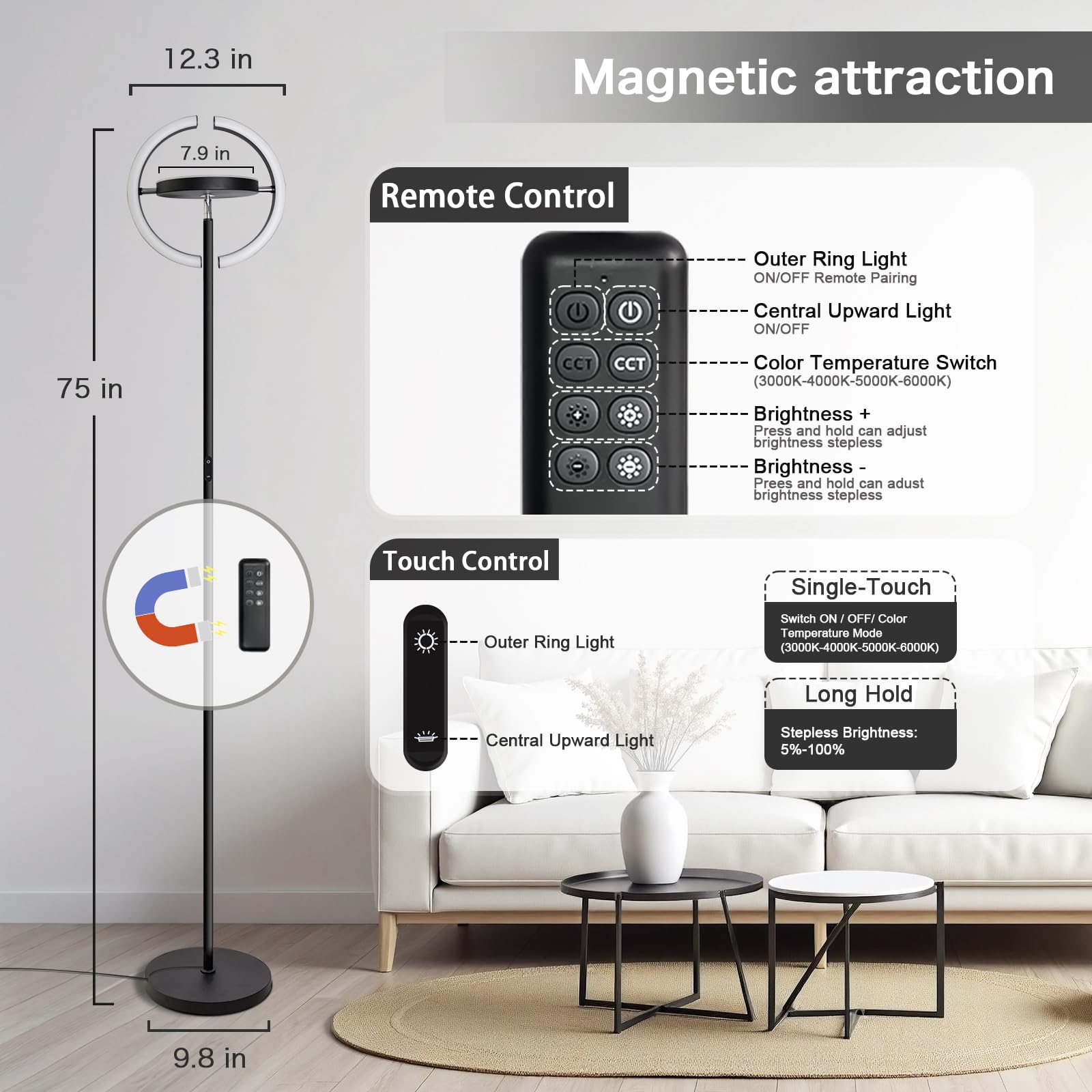 Floor Lamp-42W/4200LM Super Bright Floor Lamp,Dimmable 2-in-1 LED Standing Lamp with Reading Light,69 Tall Standing Lamp with Re