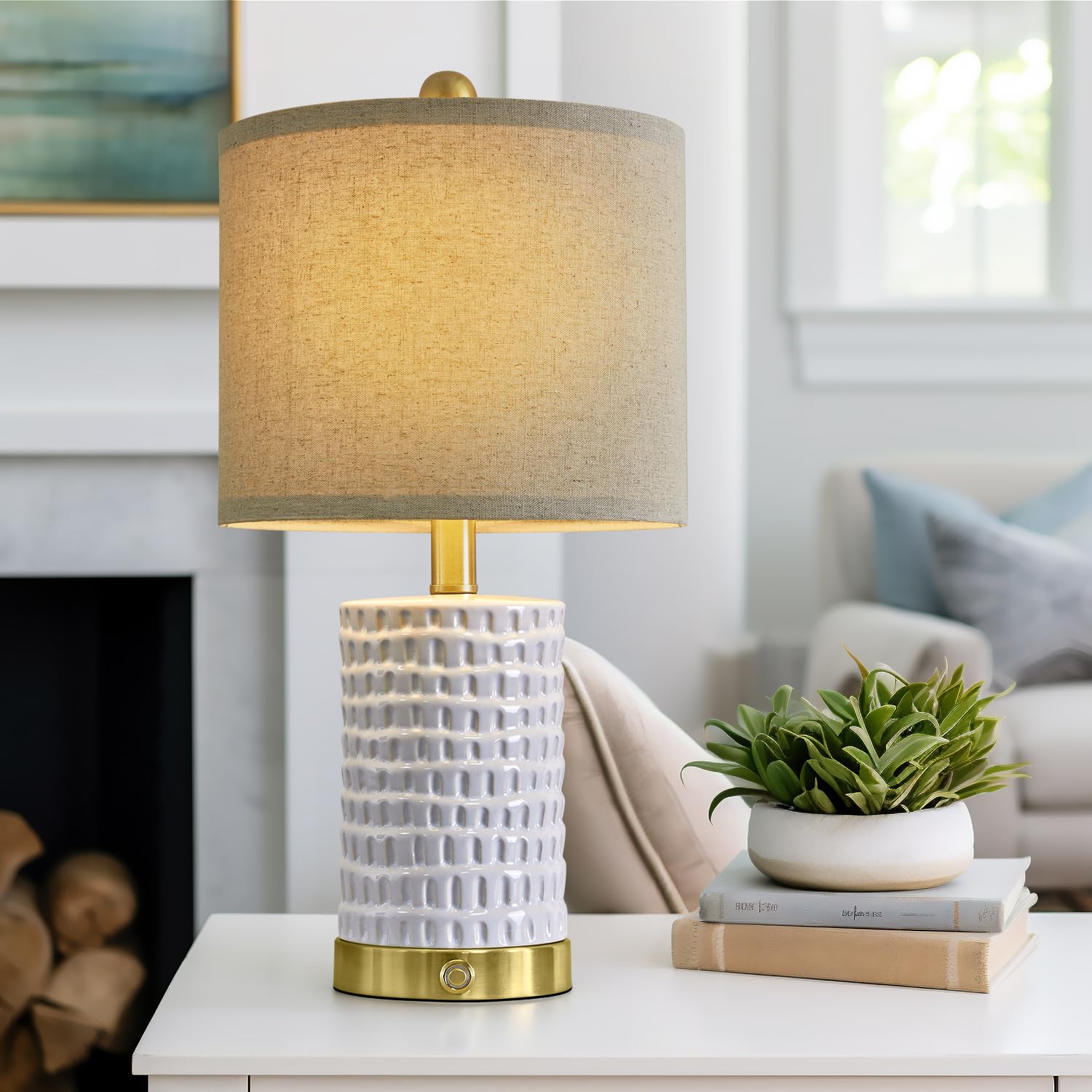Portres 19'' Farmhouse 3-Way Dimmable Touch Ceramic Table Lamp Set Of 2 White Bedside Lamps For Bedroom Lamps For Living Room Ni