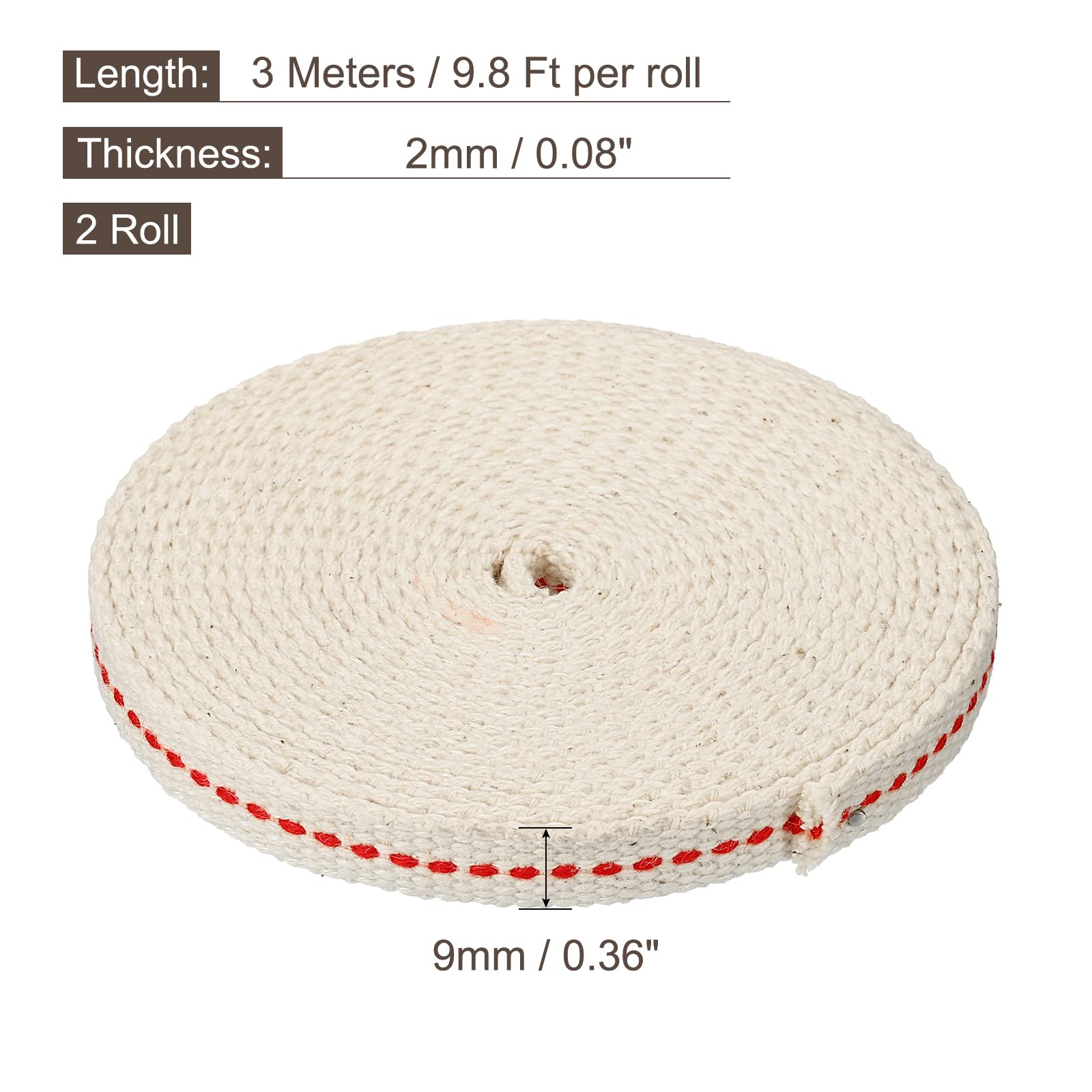 MECCANIXITY Oil Lamp Wick, 0.35 Inch Flat Wide, 10 Ft Cotton with Red Stitch, Model mea220517ee0484
