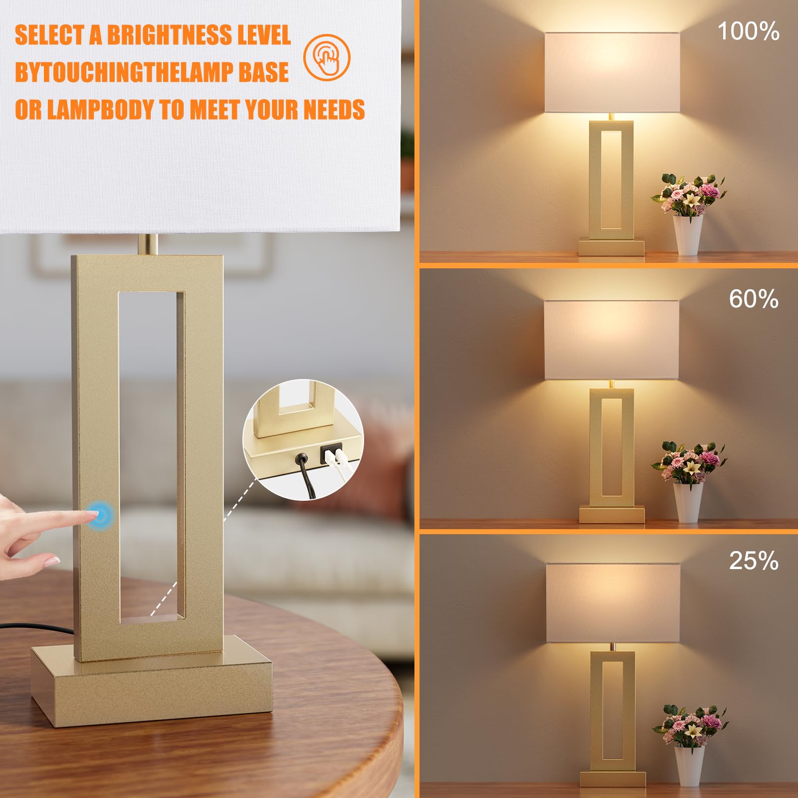 Seealle Nightstand Table Lamps Set of 2 - Touch Control, USB C+A, 3-Way Dimmable, Medium Size, White & Gold