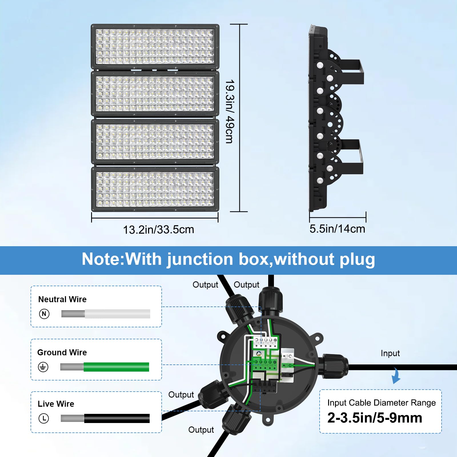 Kekeou 400W LED Stadium Lights - 56000LM, IP67 Waterproof, Black, Model FL-MZ4D-400W, Perfect for Outdoor Sports Courts and Parking Lots