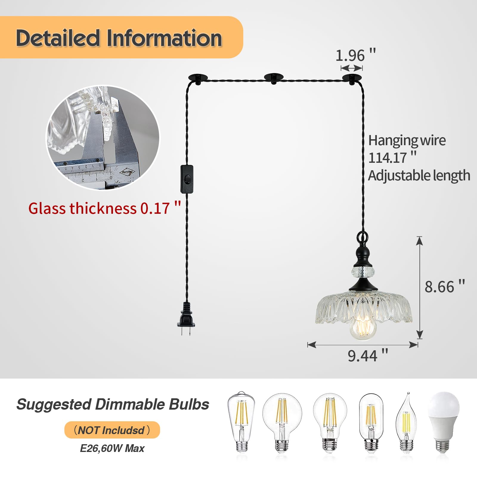 Cvkash Plug In Glass Pendant Light Fixture Black Vintage Adjustable Chandelier Hanging Ceiling Light For Farmhouse Hallway Bedro