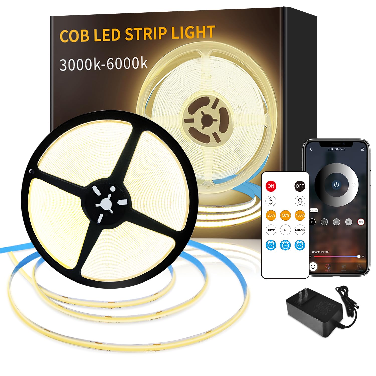 Yeewhale COB LED Strip Lights 3000K 65.6FT DC 24V Dimmable Warm White Flexible LED Tape Light for Bedroom, with Remote and app C