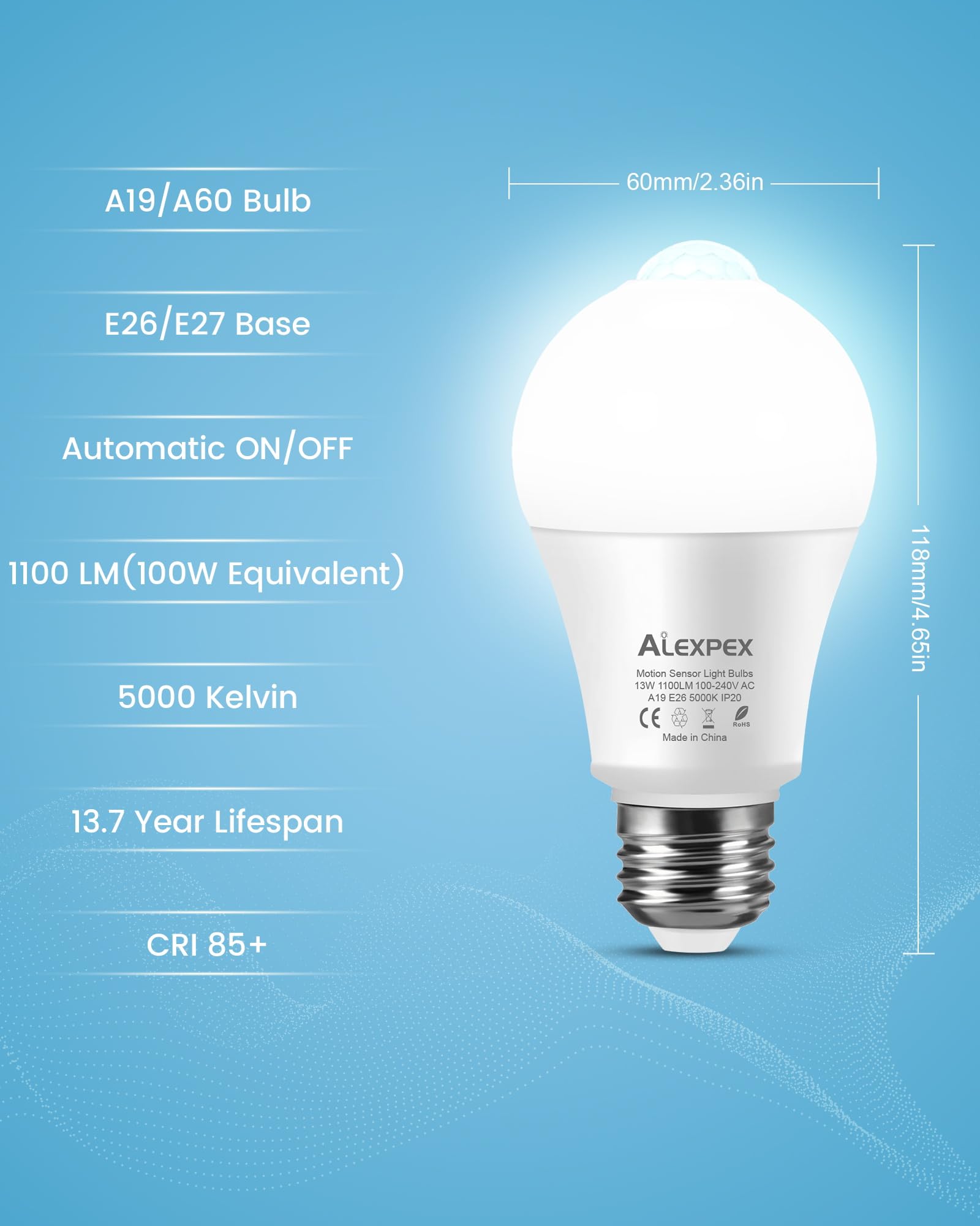 Alexpex Motion Sensor Light Bulbs, 13W(100W Equivalent) 1100Lm Motion Activated Auto Dusk To Dawn Led Bulb, A19 E26 5000K Daylig
