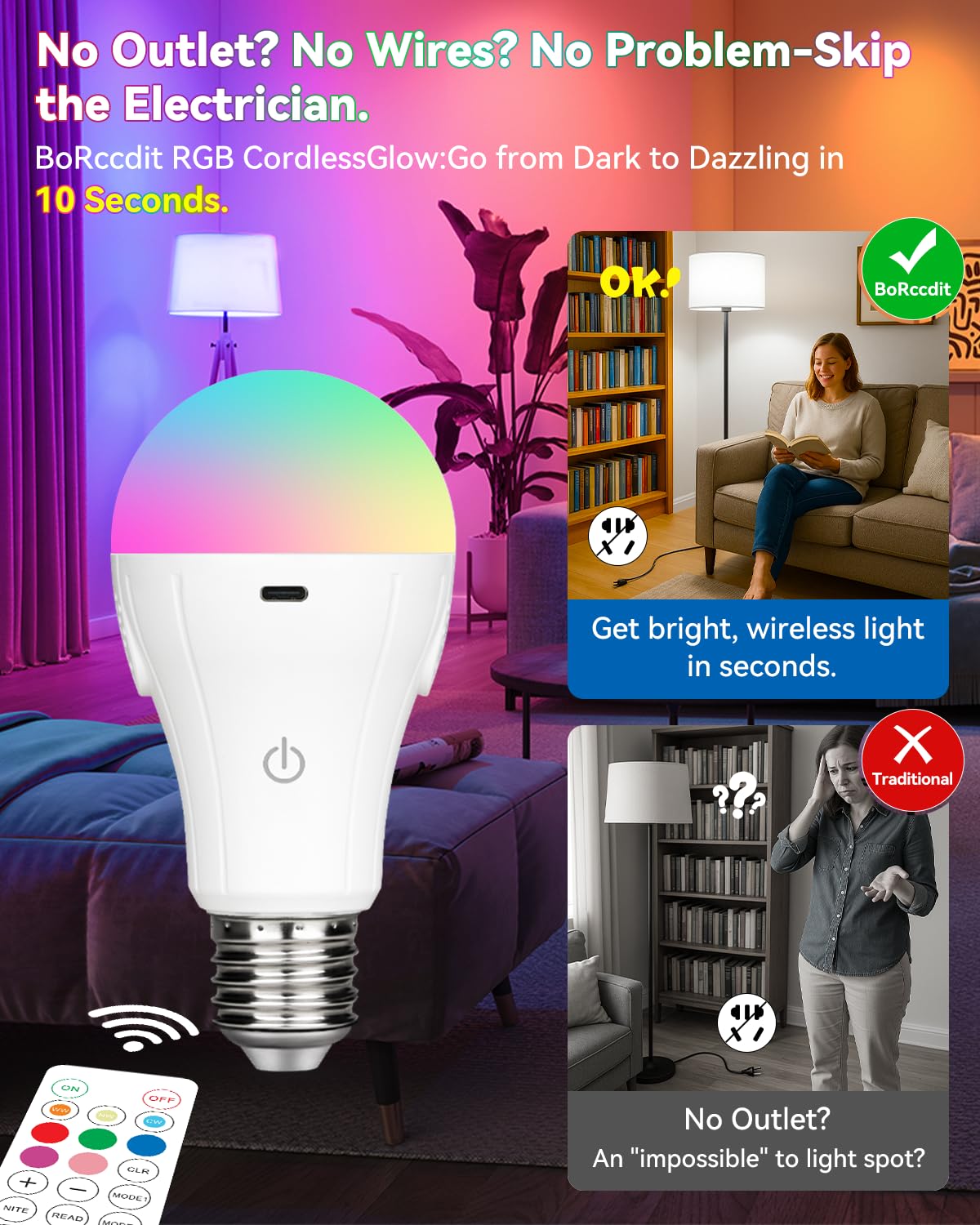 BoRccdit CordlessGlow Rechargeable Light Bulbs, 5 RGB + 3 CCT, 2 Packs, Model Yjqp1, Dimmable, Touch/Remote Control