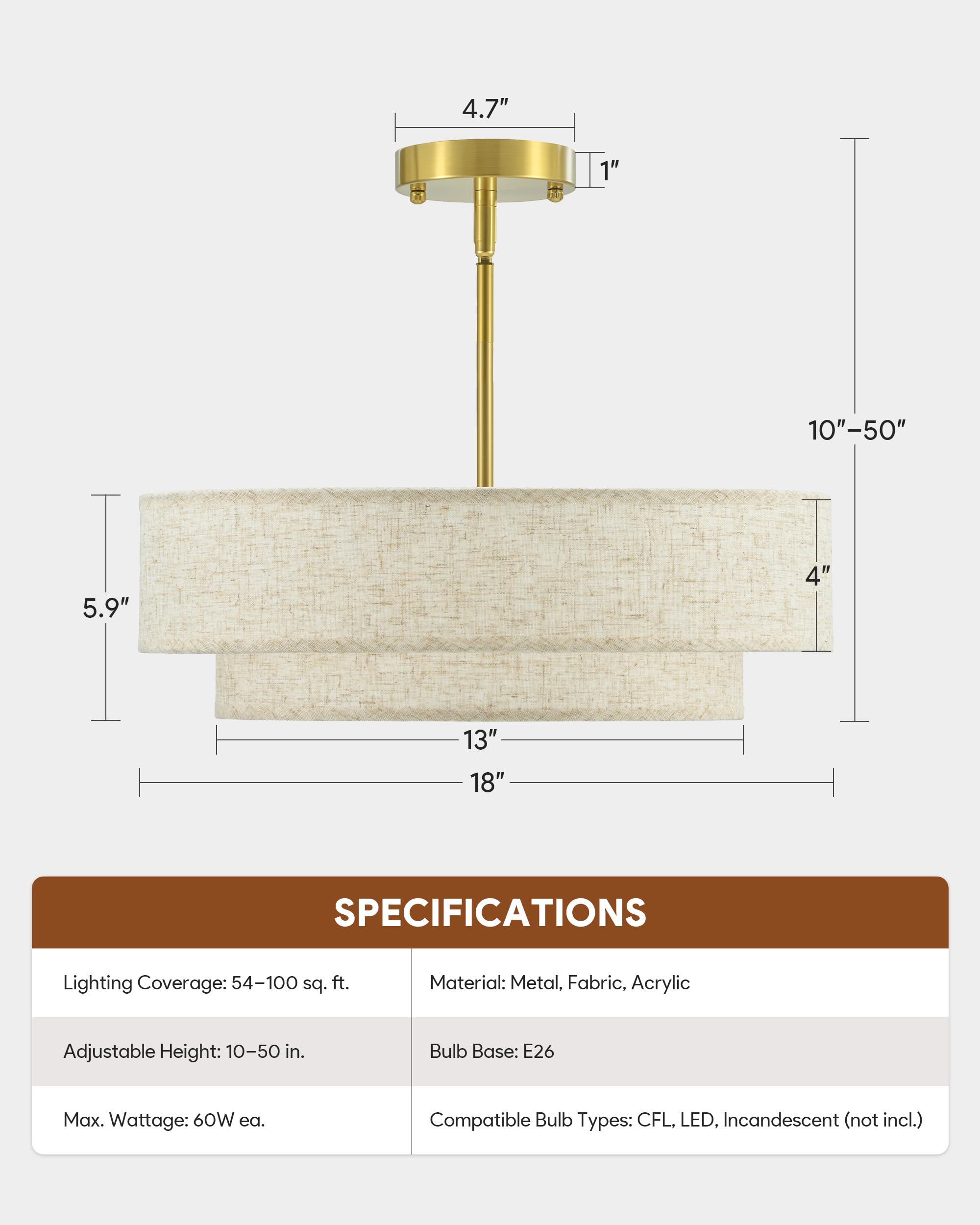 VONLUCE 18" Modern Drum Chandelier, 4-Light Pendant Light Fixture, Gold Fabric Shade, Model HCF1018GD for Dining Room, Bedroom, Living Room