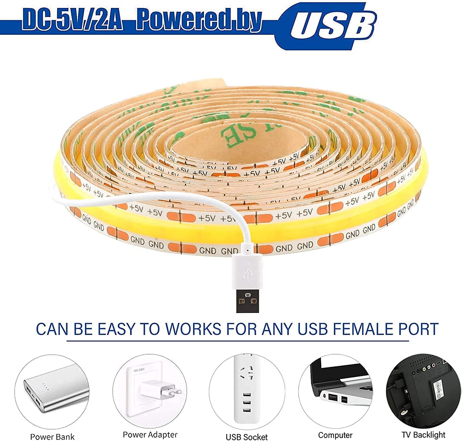 dephen 5V USB LED Strip Lights, Warm White, 4.92ft, Dimmable COB, 3000K, Model HH-SCOBWW-320-5-IP20