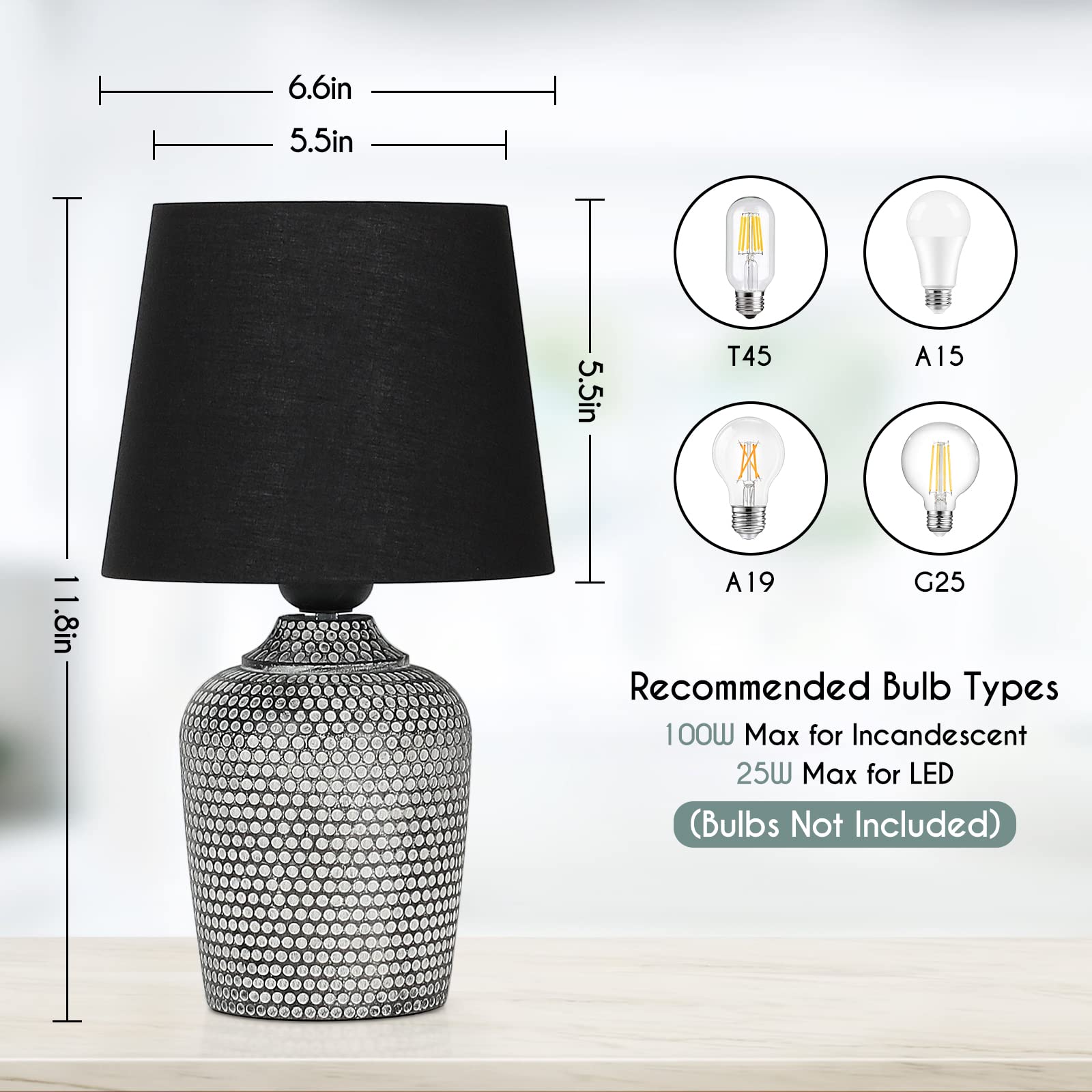 Sucolite Table Lamps Set of 2, 12in  Bedside Nightstand Lamps, Black & Grey, Porcelain & Metal, Model T0438 GY+BK