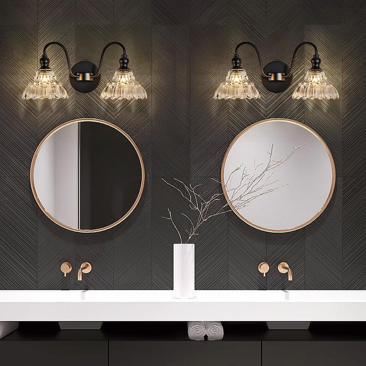 Tlolgt 2-Light Modern Wall Sconce Black Wall Light Fixtures Made Of Metal Body And Pressed Patterned Glass With Unique Design Vanity Light For Bedroom, Bathroom, Doorway, Farmhouse