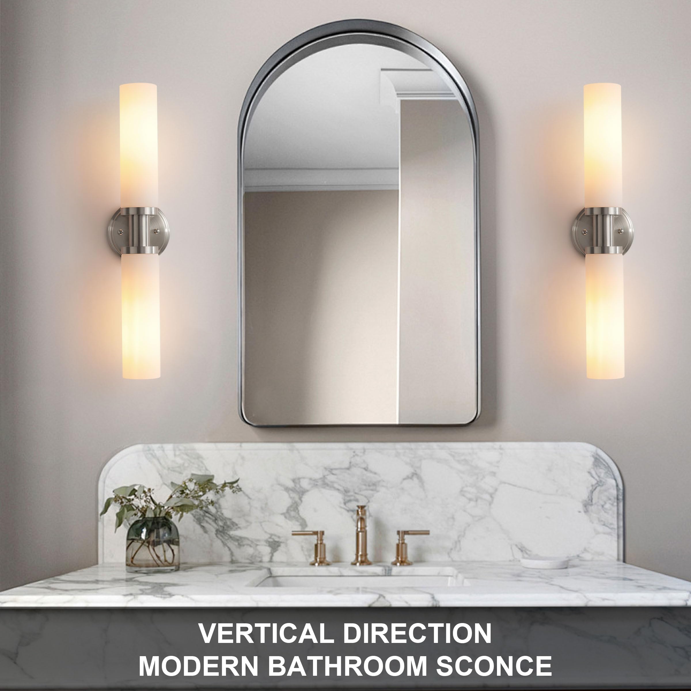 KUZZULL Wall Sconces Set of 2, Brushed Nickel, White Glass, Modern Lighting for Bathroom, Living Room, Hallway, Bedroom