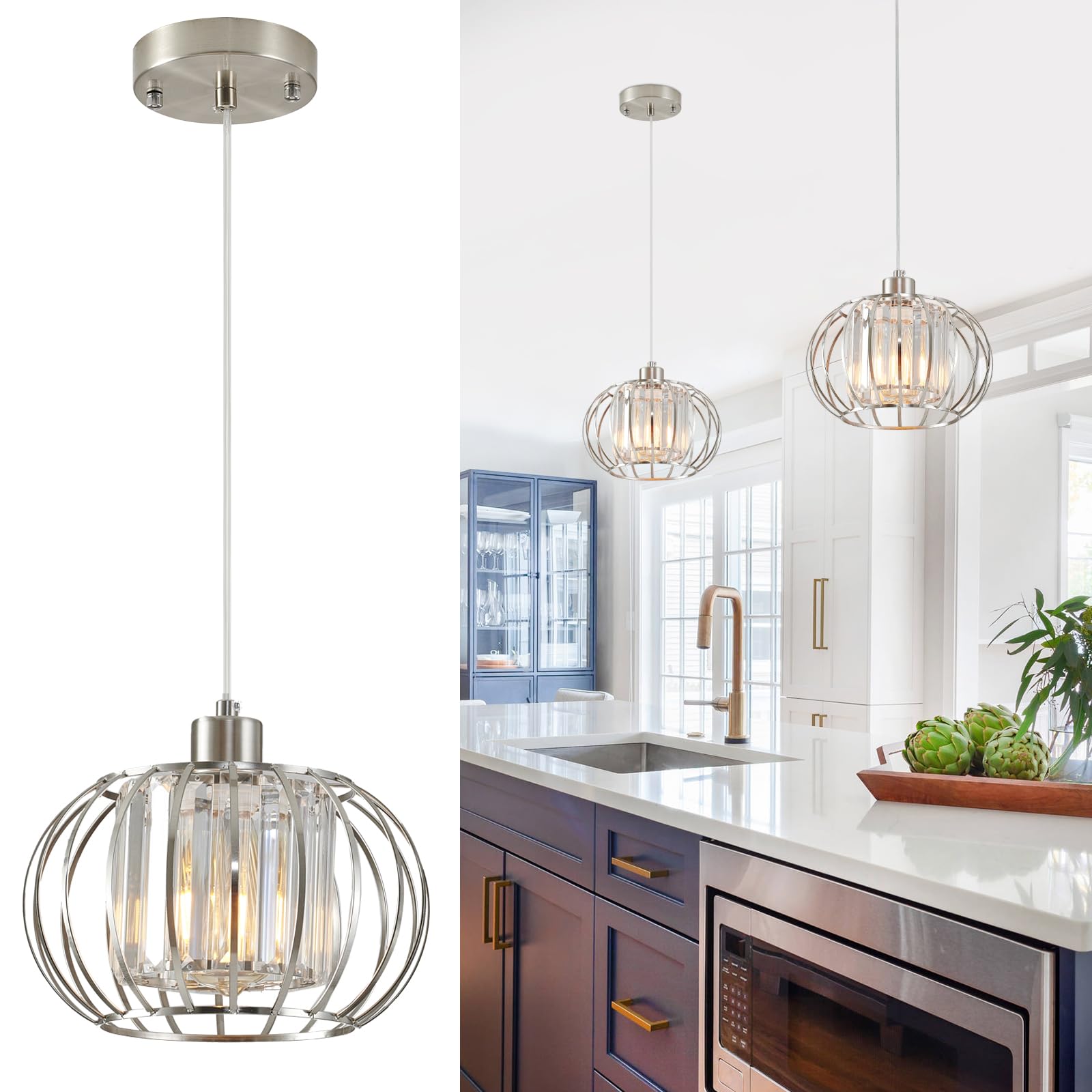 Xsdetu Brushed Nickel Pendant Light Fixtures, Modern Crystal Hanging Ceiling Light, Farmhouse Small Chandeliers, Metal Cage Pendant Lighting, Adjustable Pendant Lights Kitchen Island, Hallway