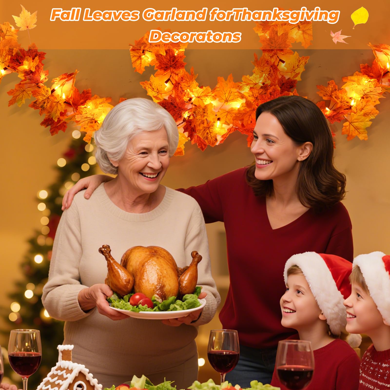 Wabarle Fall Garland with Lights, 10FT Orange Bulbs, Battery Operated, Plastic Leaves, Indoor/Outdoor Thanksgiving Decor