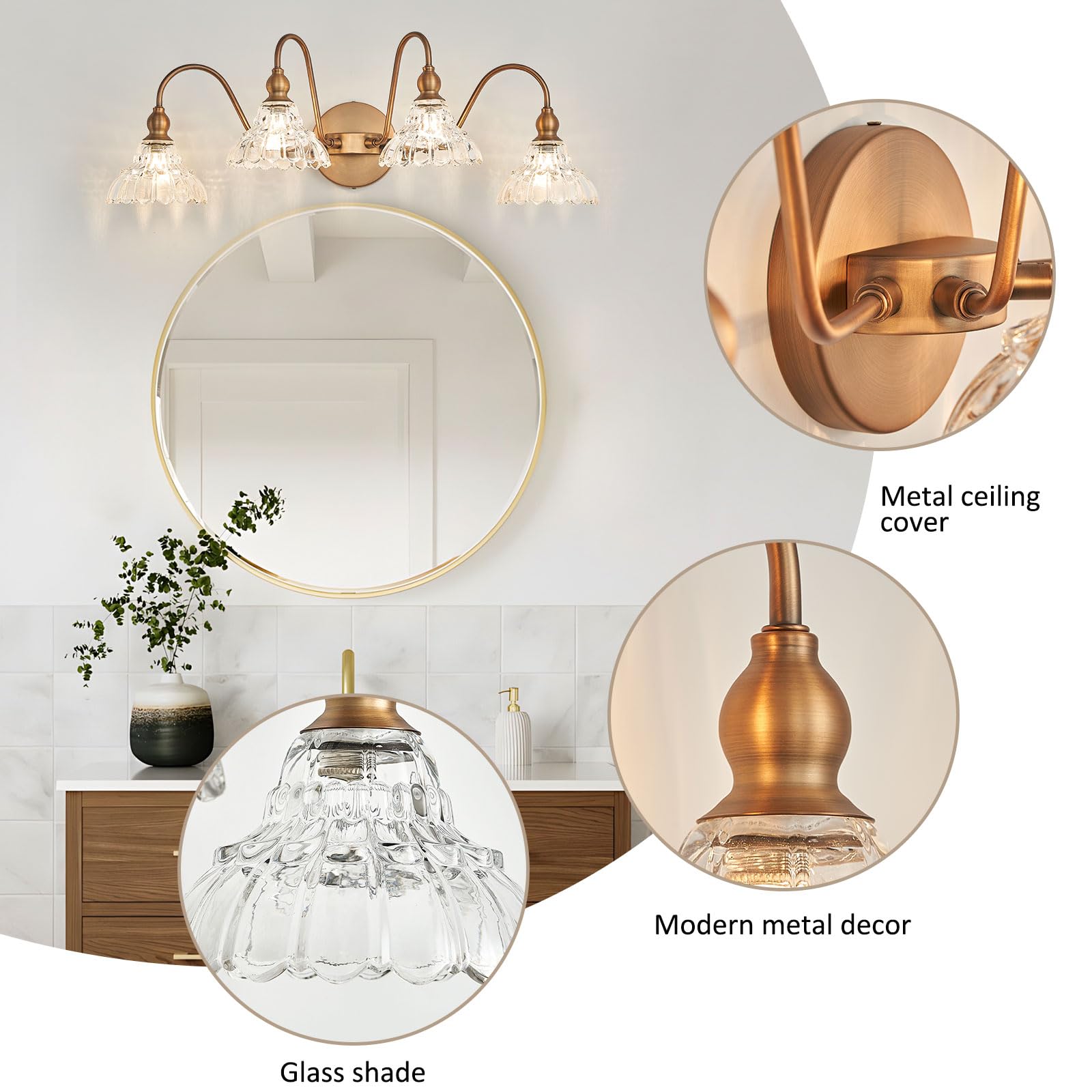 Tlolgt Vintage 4-Light Brass Vanity Light Fixtures, For Bedroom Dressing Room Living Room