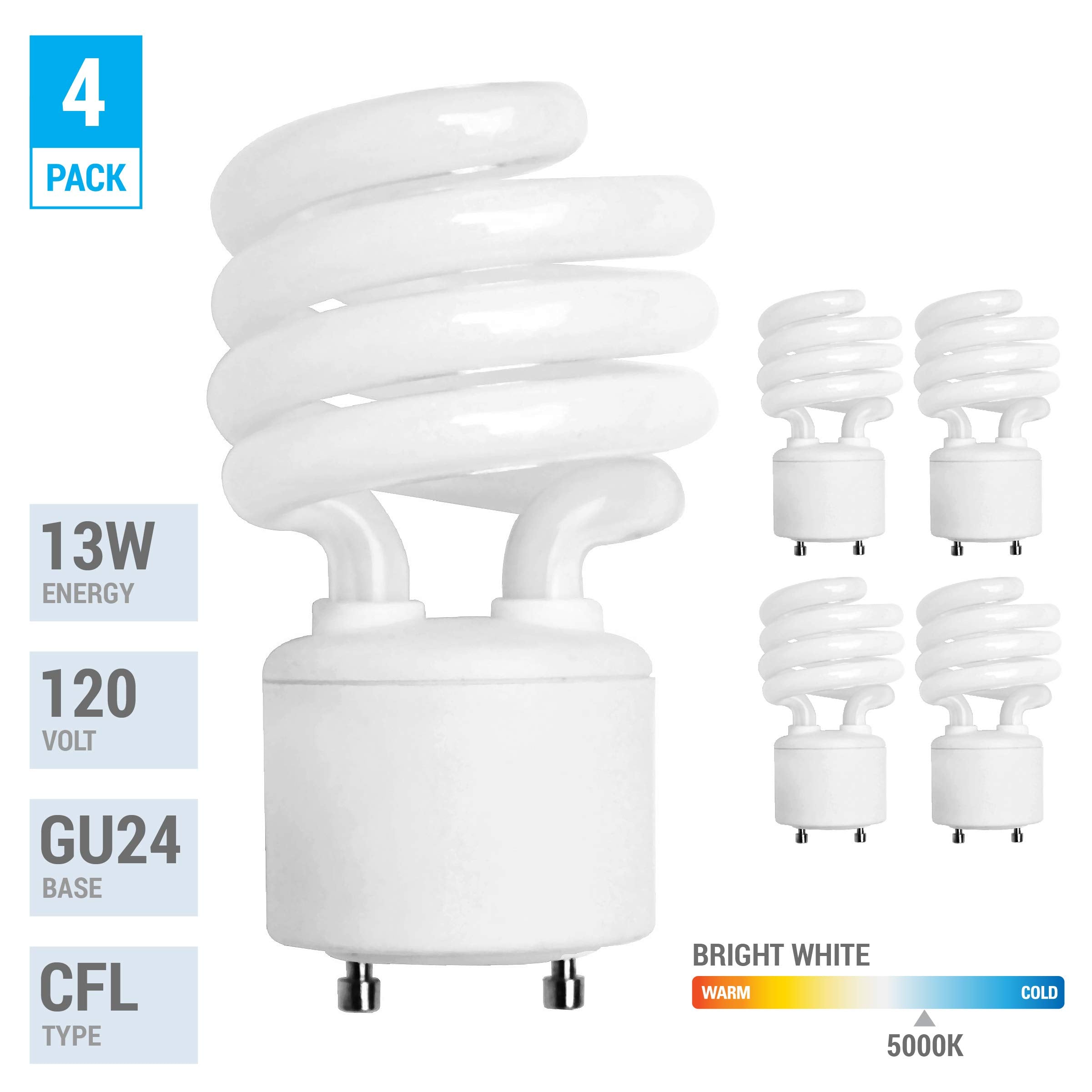Kor (4 Pack) 13 Watt Mini Spiral - Gu24 Base - (60W Equivalent) - T2 Mini-Twist - Cfl Light Bulb (Bright White (5000K), Cfl)