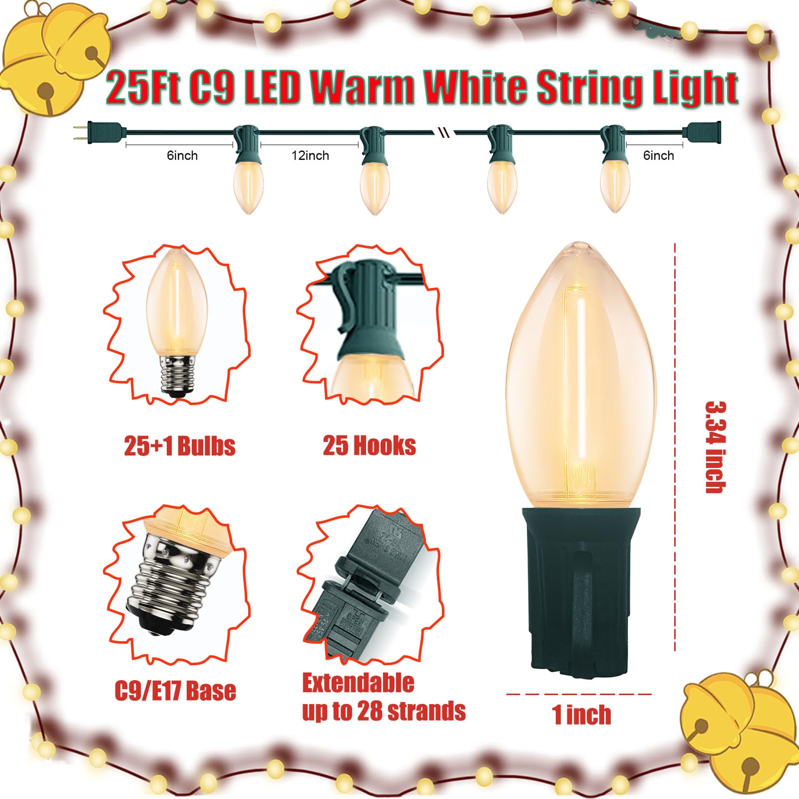 Lnguistic Vintage C9 LED Christmas Lights - 25ft Warm White String Lights for Outdoor & Indoor Decor, 26 Clear Bulbs, Holiday Party, Garden, Cafe