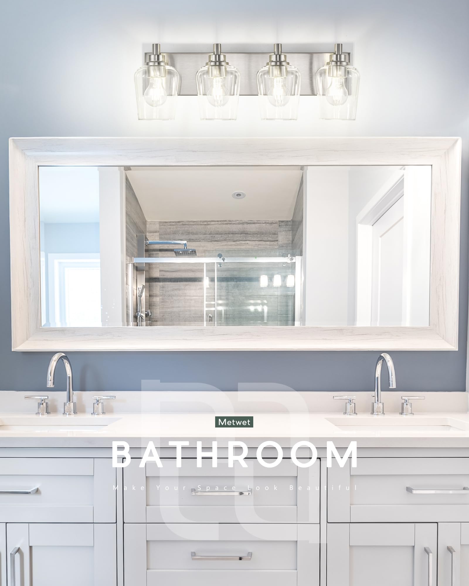 METWET 4-Light Bathroom Vanity Light Fixtures, Brushed Nickel, Clear Glass Wine Glass Shade, Model VL155-BN-4