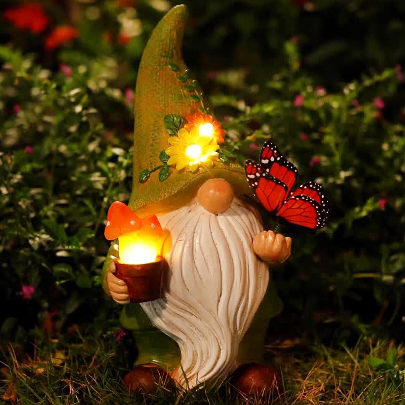 Foreby Garden Gnomes Outdoor Garden Decor-Resin Gnome With Solar Outdoor Lights Decorative Mushroom And Vivid Butterfly Spring Gnomes Decorations For Yard Decor,Gardening Gifts For Women