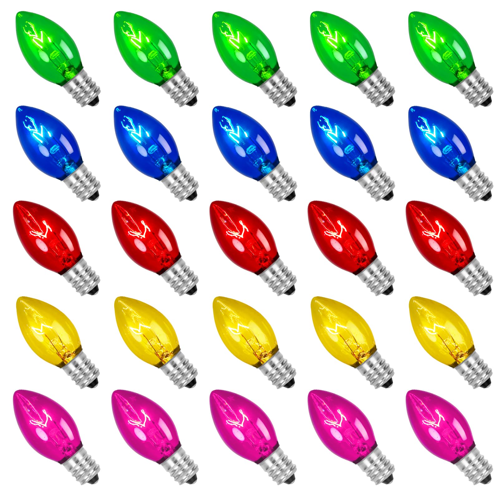 Agaphoton 25 Pack C7 Ceramic Christmas Replacement Bulbs, Clear Multi-Color Bulbs For E12 Candelabra Base Outdoor/Indoor Light S