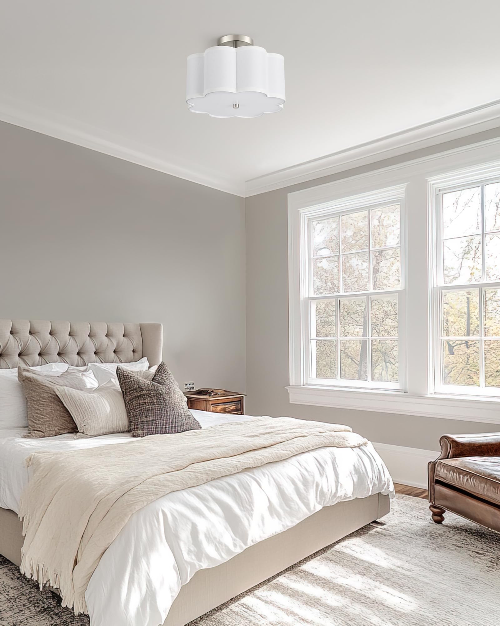 Audickic Semi Flush Mount Ceiling Light, 3-Light 13'' Ceiling Light Fixtures With Fabric Shade In Flower Shape, Brushed Nickel C