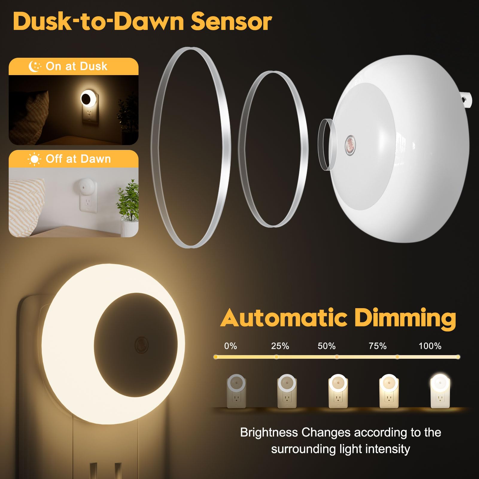 Fesnne Night Light, Night Lights Plug Into Wall, Dusk To Dawn Sensor Warm White Led Night Light 0.5W, 2 Pack Nightlight For Adults, Bedroom, Bathroom, Hallway, Kitchen