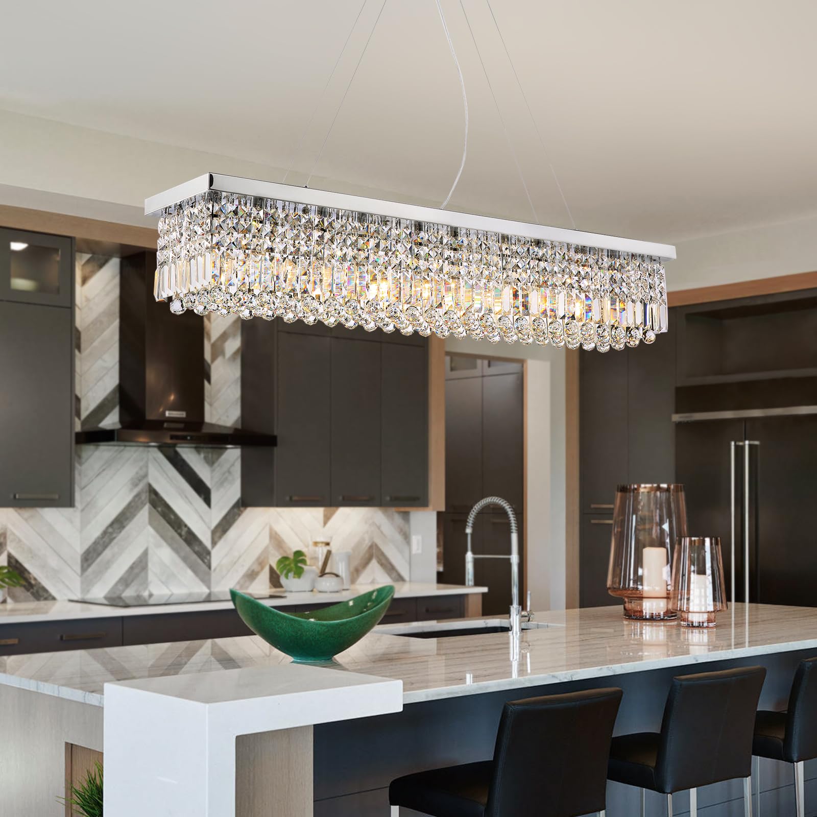 Siljoy Modern Rectangular Crystal Chandelier, 47'' Rectangle Raindrop Hanging Ceiling Pendant Light Fixture Adjustable Height Fo